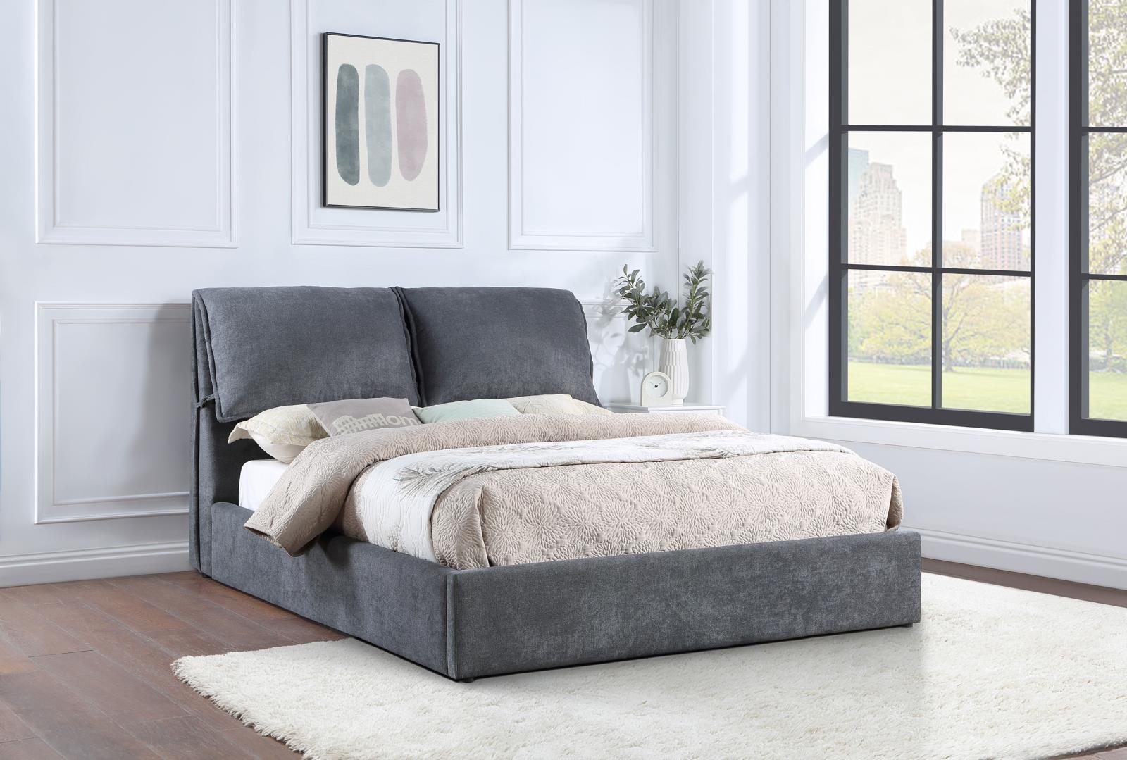 Laurel Upholstered Platform Bed with Pillow Headboard Charcoal Grey - Furnish 4 Less 98 (NY)*