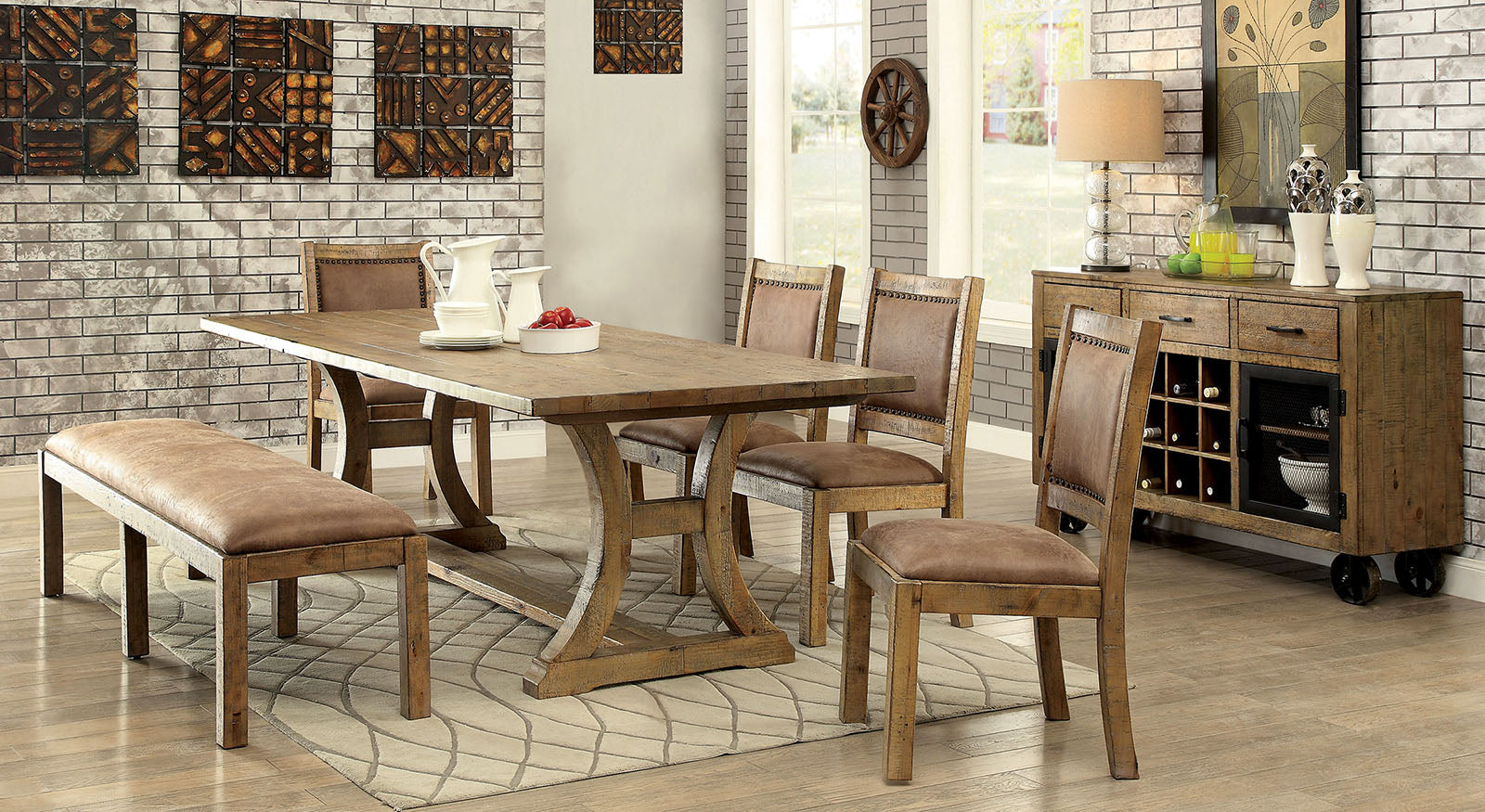 GIANNA Rustic Oak 6 Pc. Dining Table Set w/ Bench - Furnish 4 Less 98 (NY)*