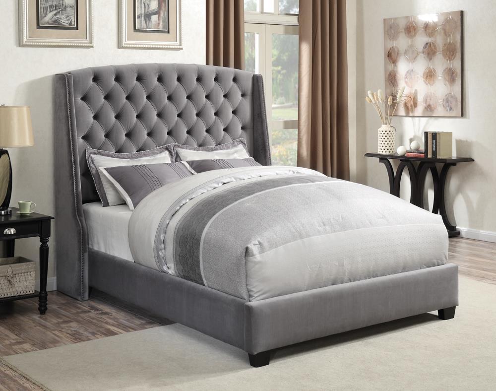 Pissarro Transitional Upholstered Grey and Chocolate Queen Bed - Furnish 4 Less 98 (NY)*