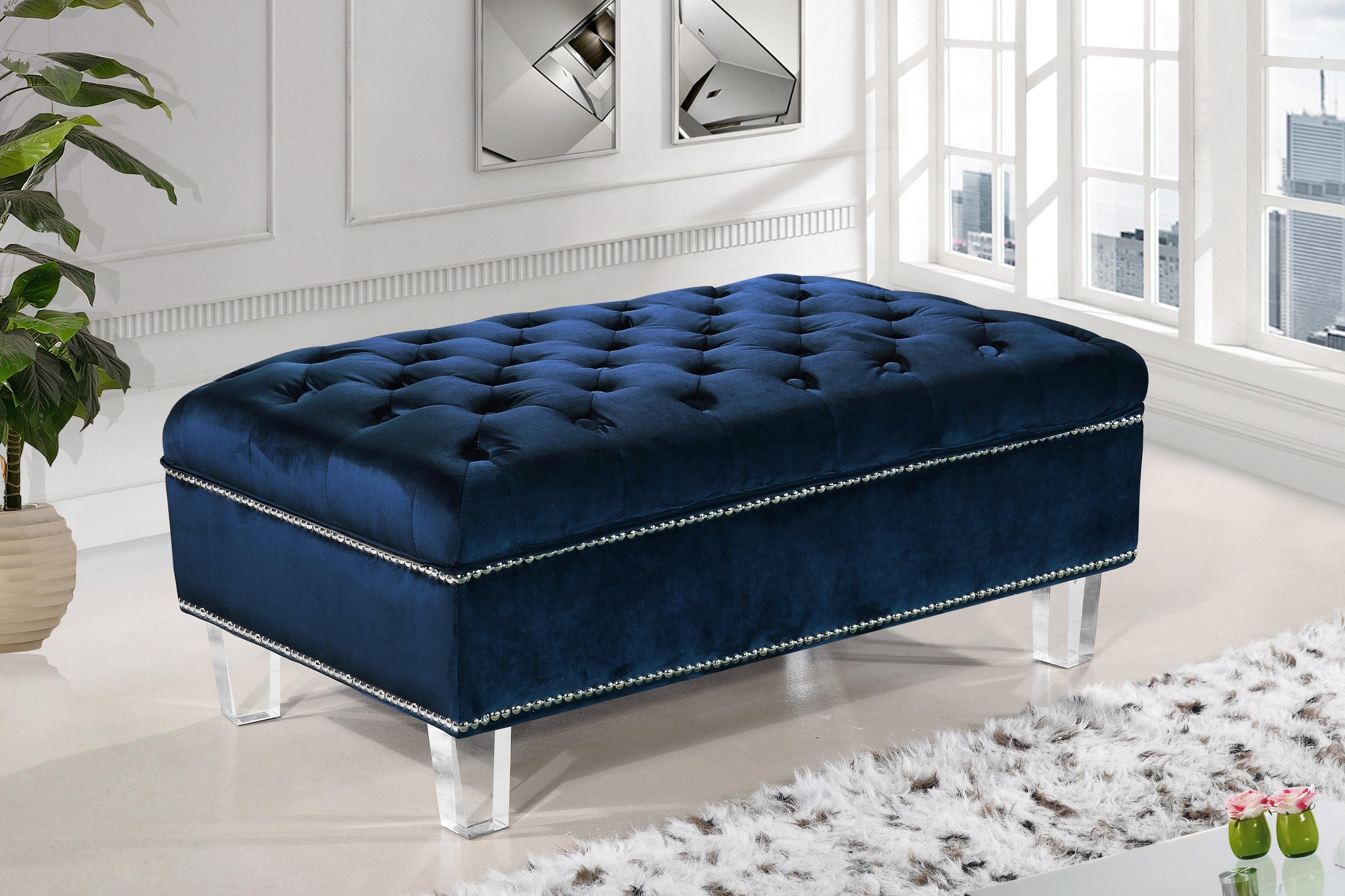 Lucas Navy Velvet Ottoman - Furnish 4 Less 98 (NY)*