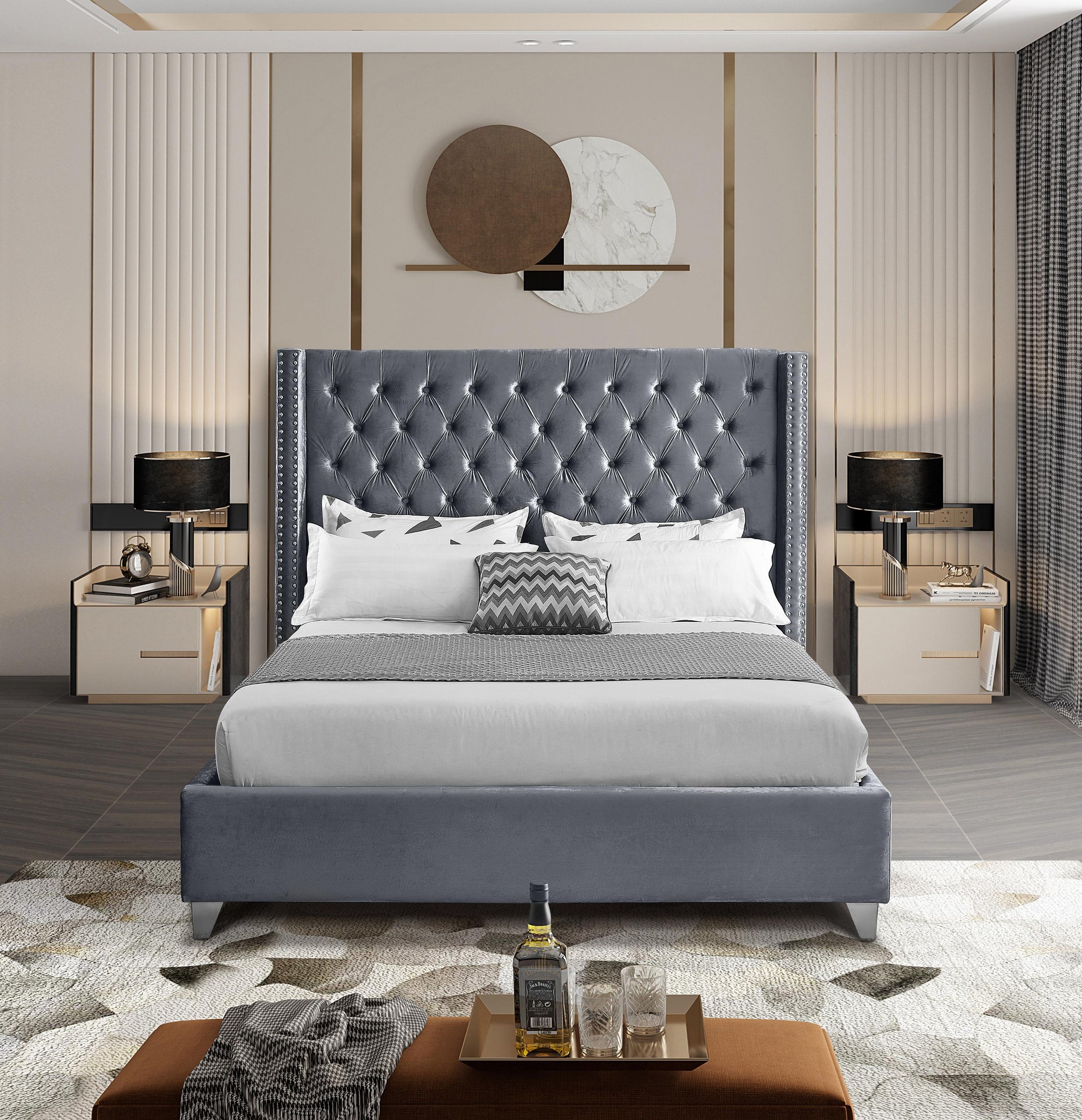 Aiden Grey Velvet King Bed - Furnish 4 Less 98 (NY)*