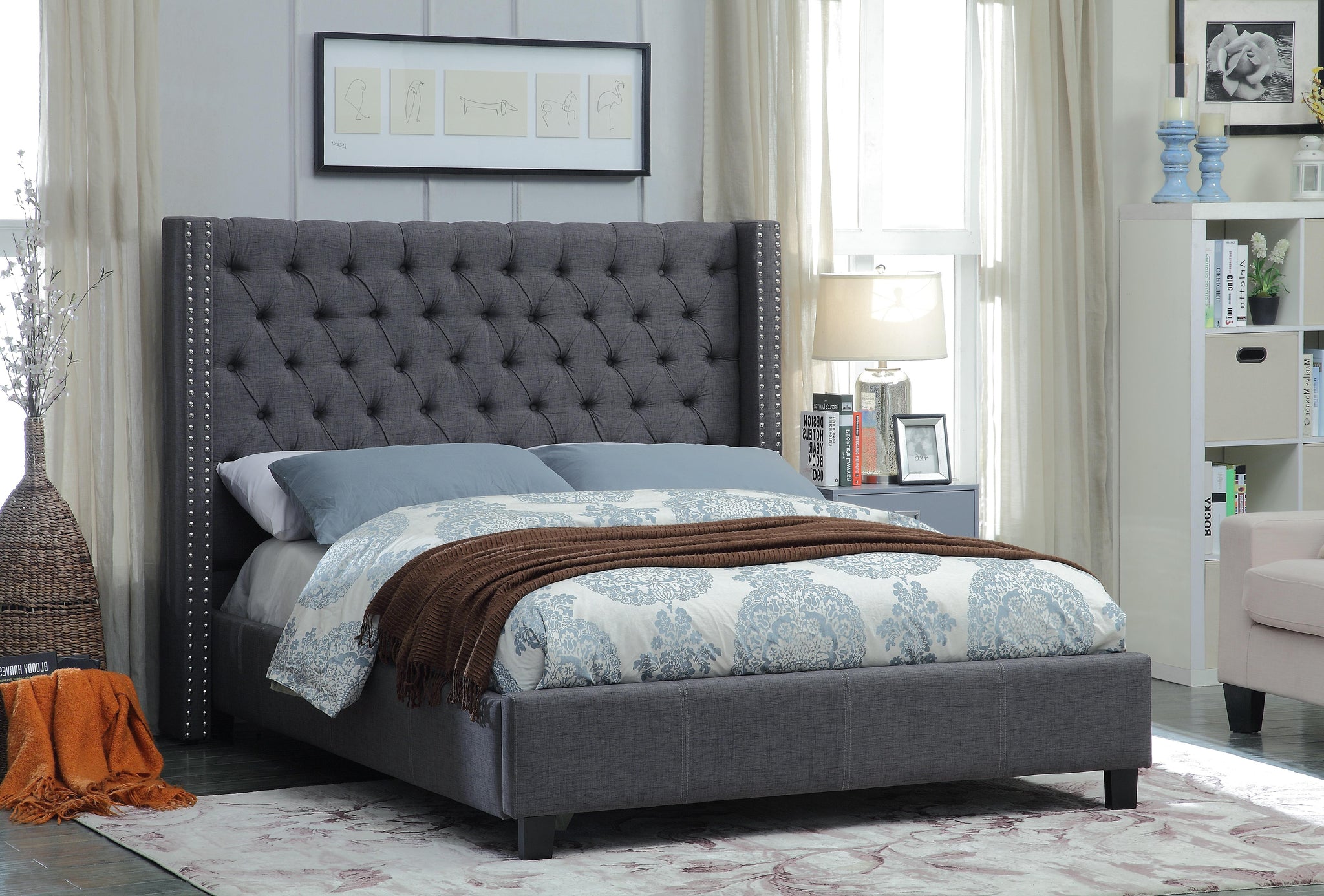 Ashton Grey Linen Queen Bed - Furnish 4 Less 98 (NY)*
