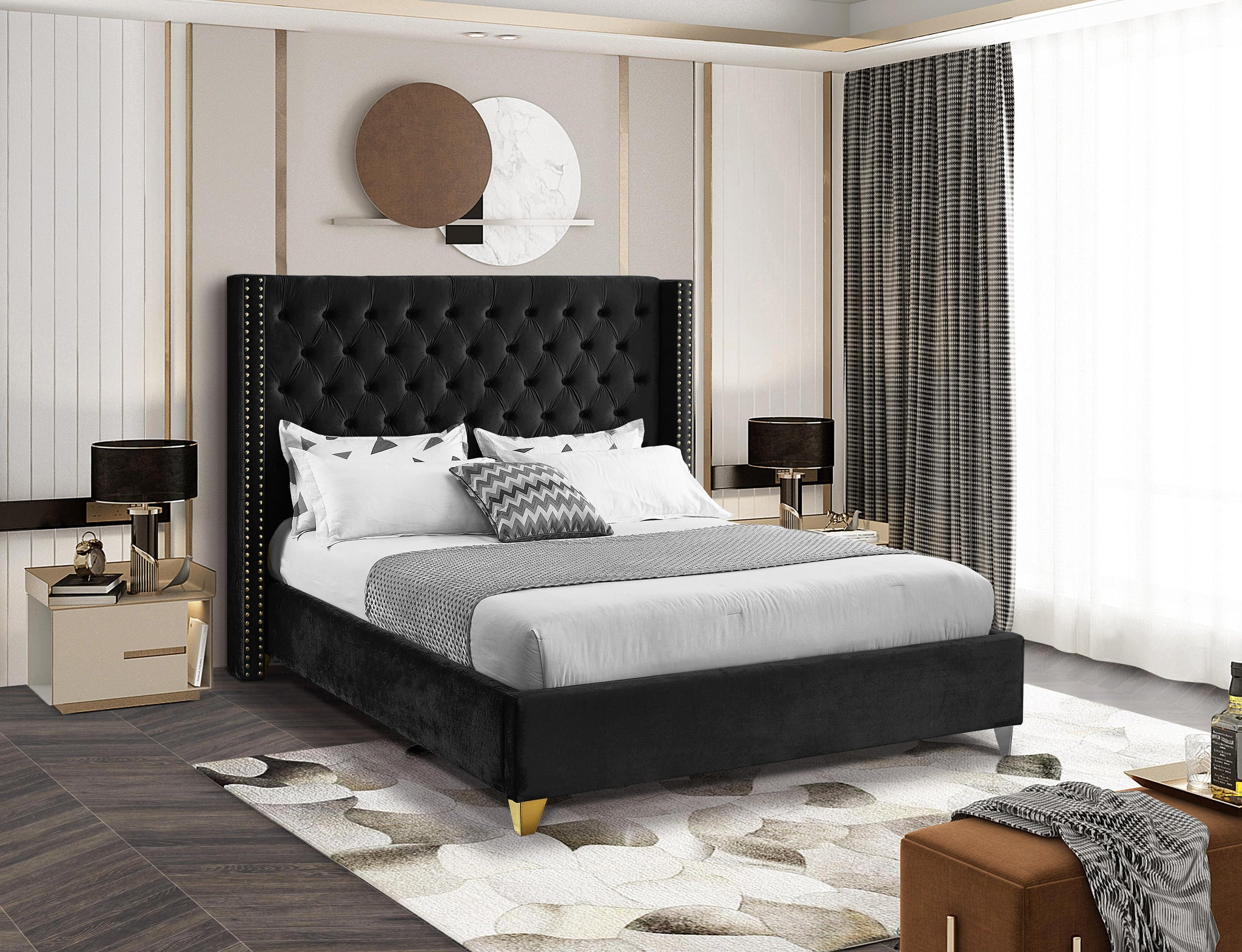 Barolo Black Velvet Queen Bed - Furnish 4 Less 98 (NY)*