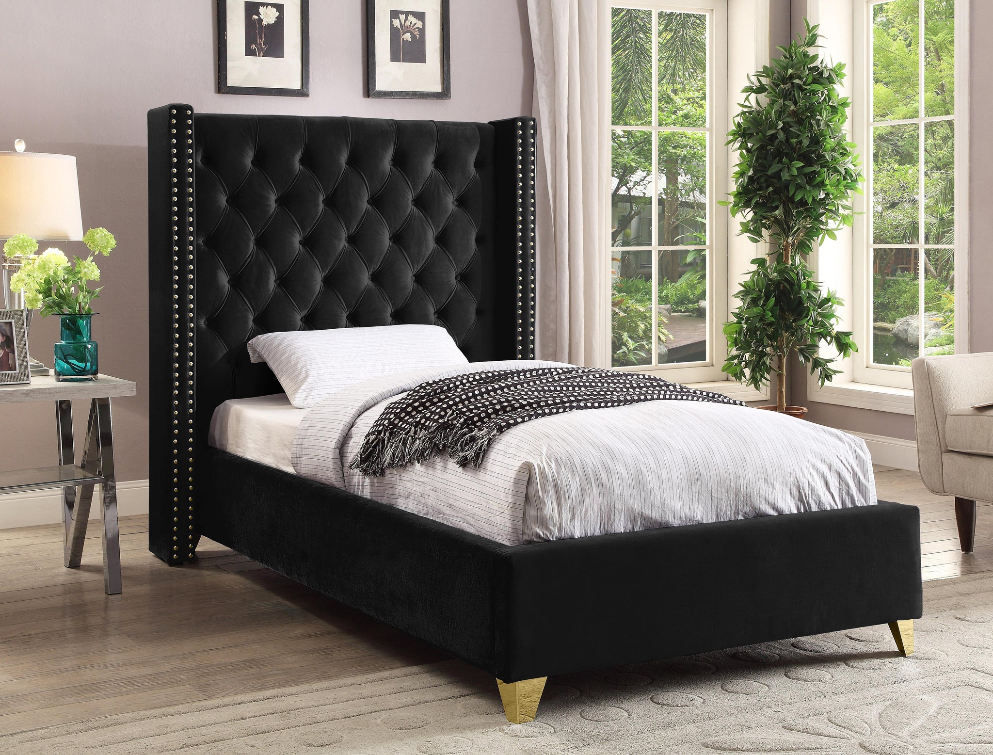 Barolo Black Velvet Twin Bed - Furnish 4 Less 98 (NY)*