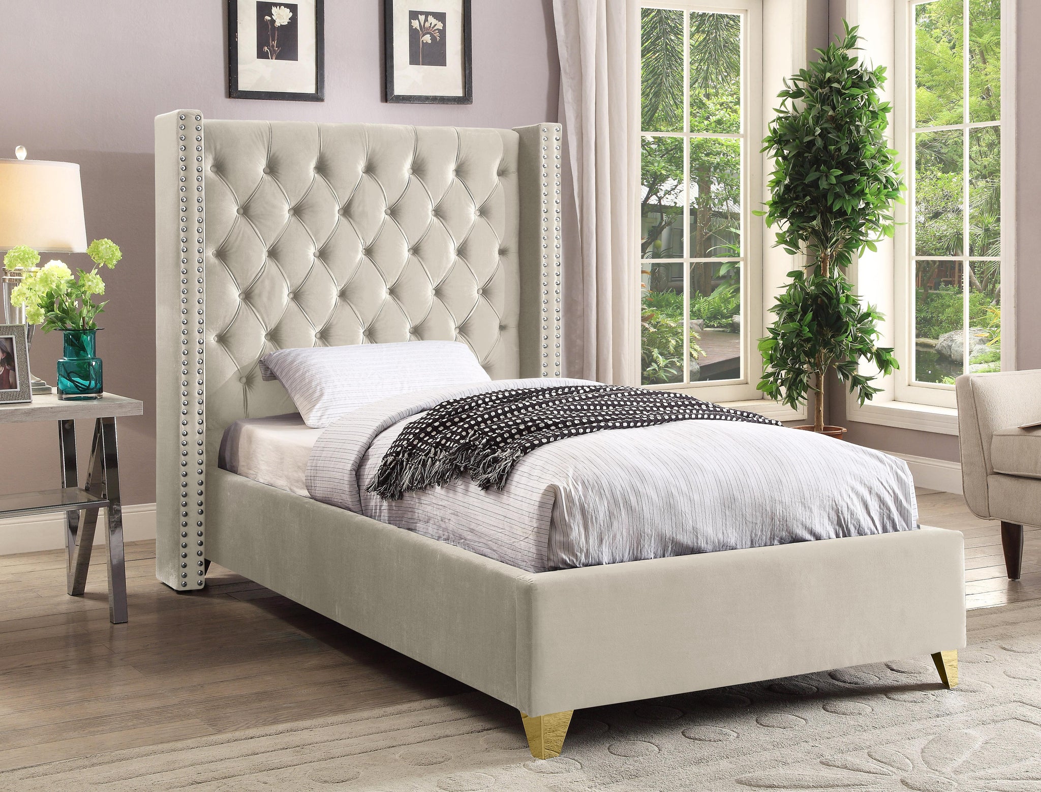Barolo Cream Velvet Twin Bed - Furnish 4 Less 98 (NY)*