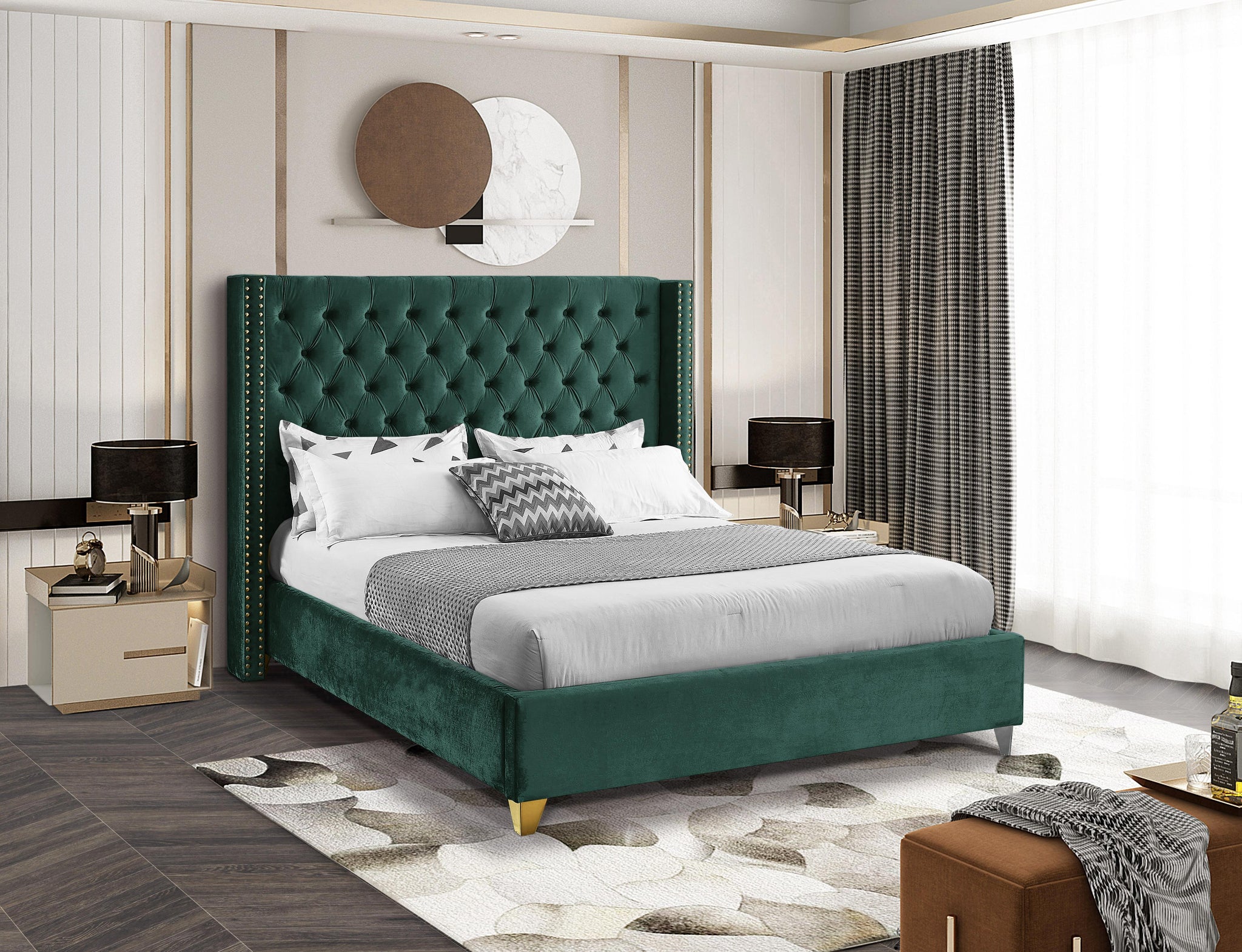 Barolo Green Velvet Queen Bed - Furnish 4 Less 98 (NY)*