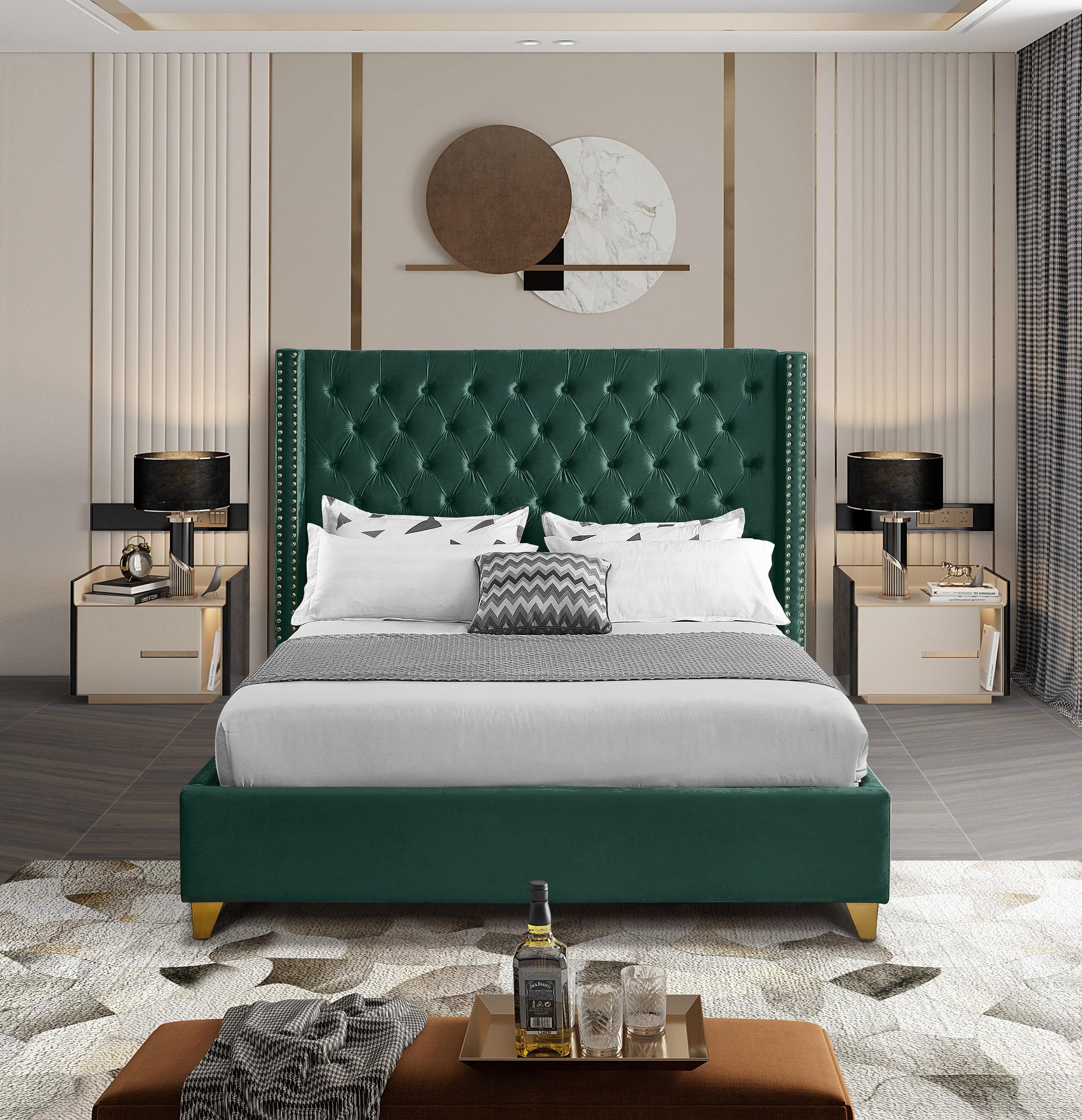 Barolo Green Velvet Queen Bed - Furnish 4 Less 98 (NY)*