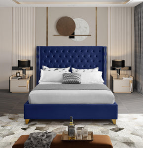 Barolo Navy Velvet Queen Bed - Furnish 4 Less 98 (NY)*