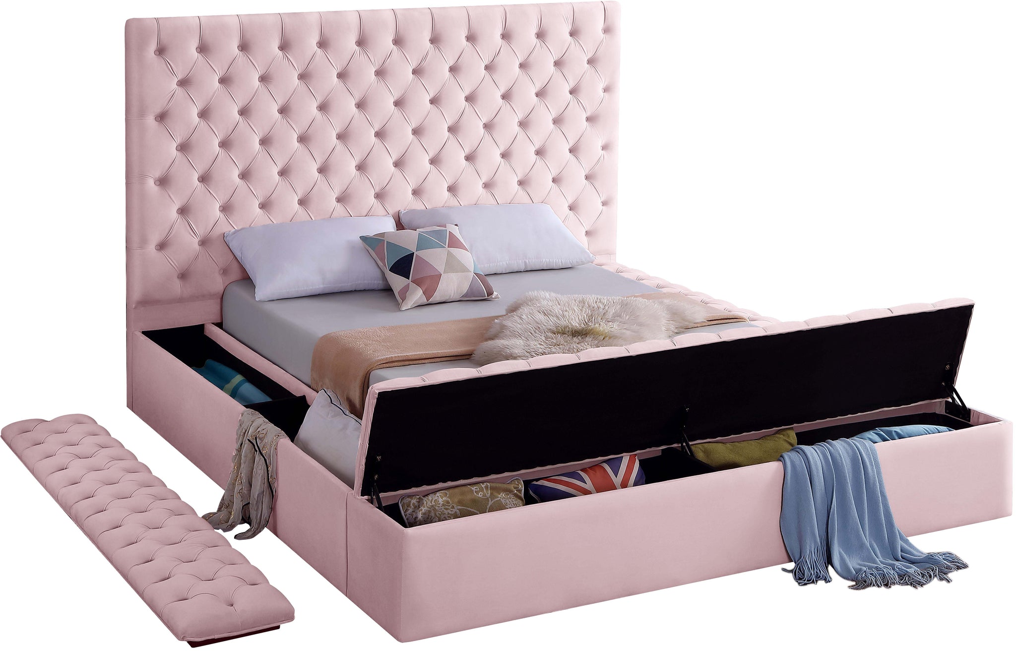 Bliss Pink Velvet Queen Bed (3 Boxes) - Furnish 4 Less 98 (NY)*