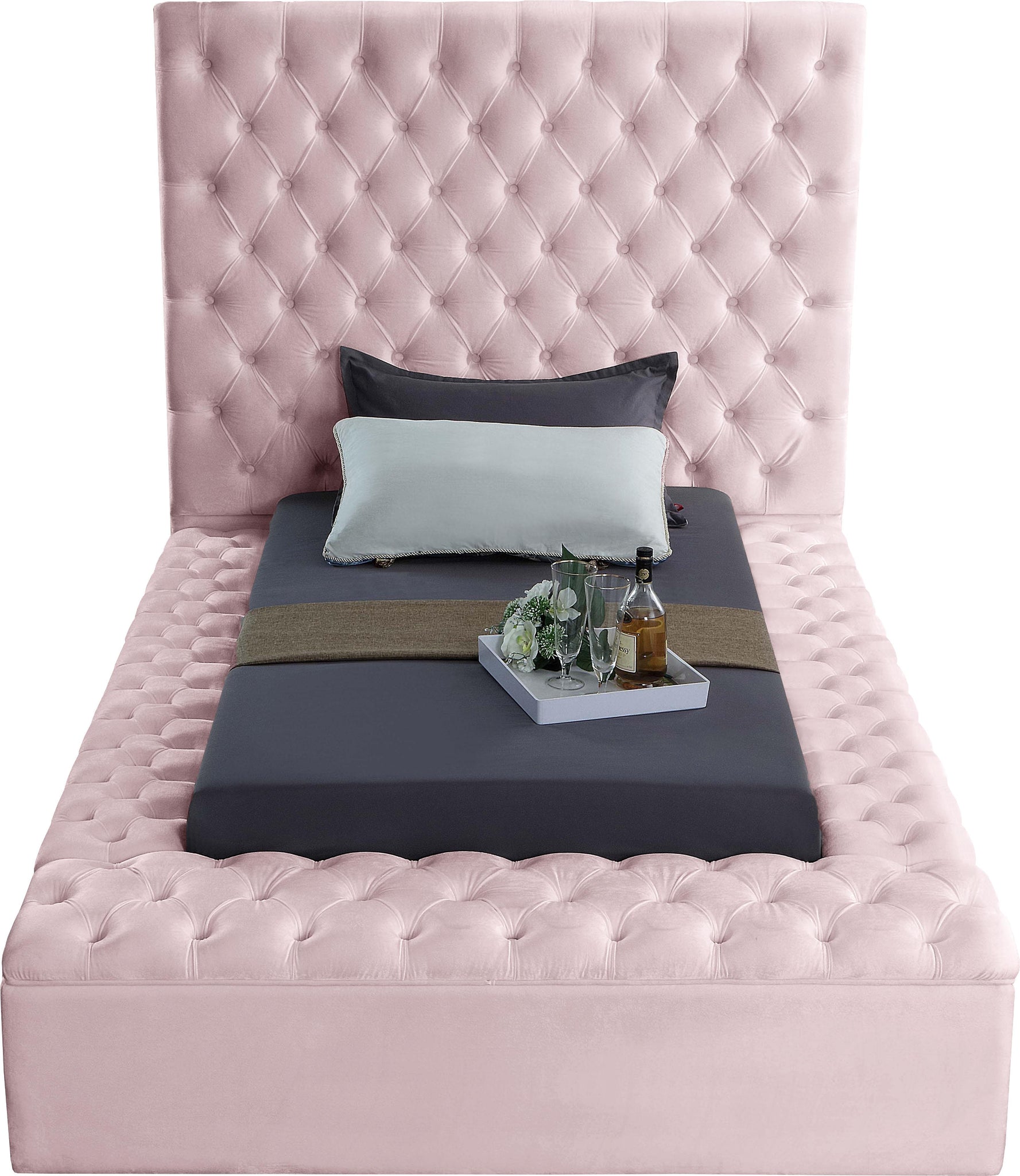 Bliss Pink Velvet Twin Bed (3 Boxes) - Furnish 4 Less 98 (NY)*