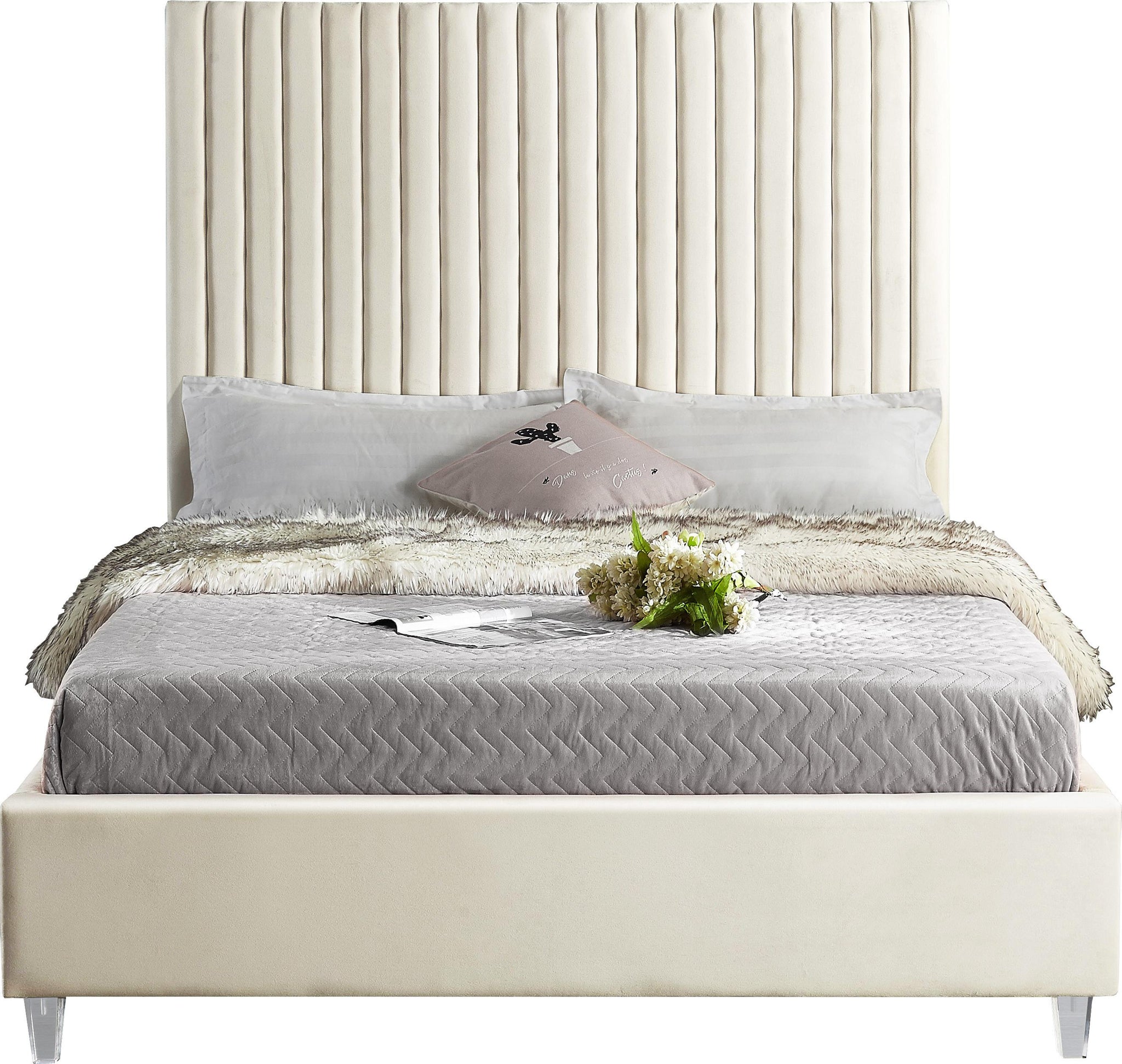 Candace Cream Velvet Queen Bed - Furnish 4 Less 98 (NY)*