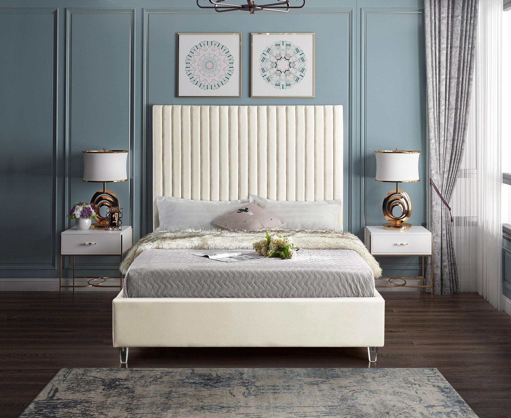 Candace Cream Velvet Queen Bed - Furnish 4 Less 98 (NY)*