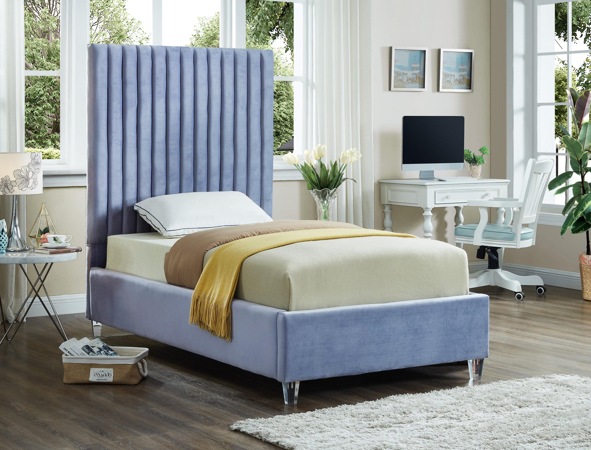 Candace Sky Blue Velvet Twin Bed - Furnish 4 Less 98 (NY)*