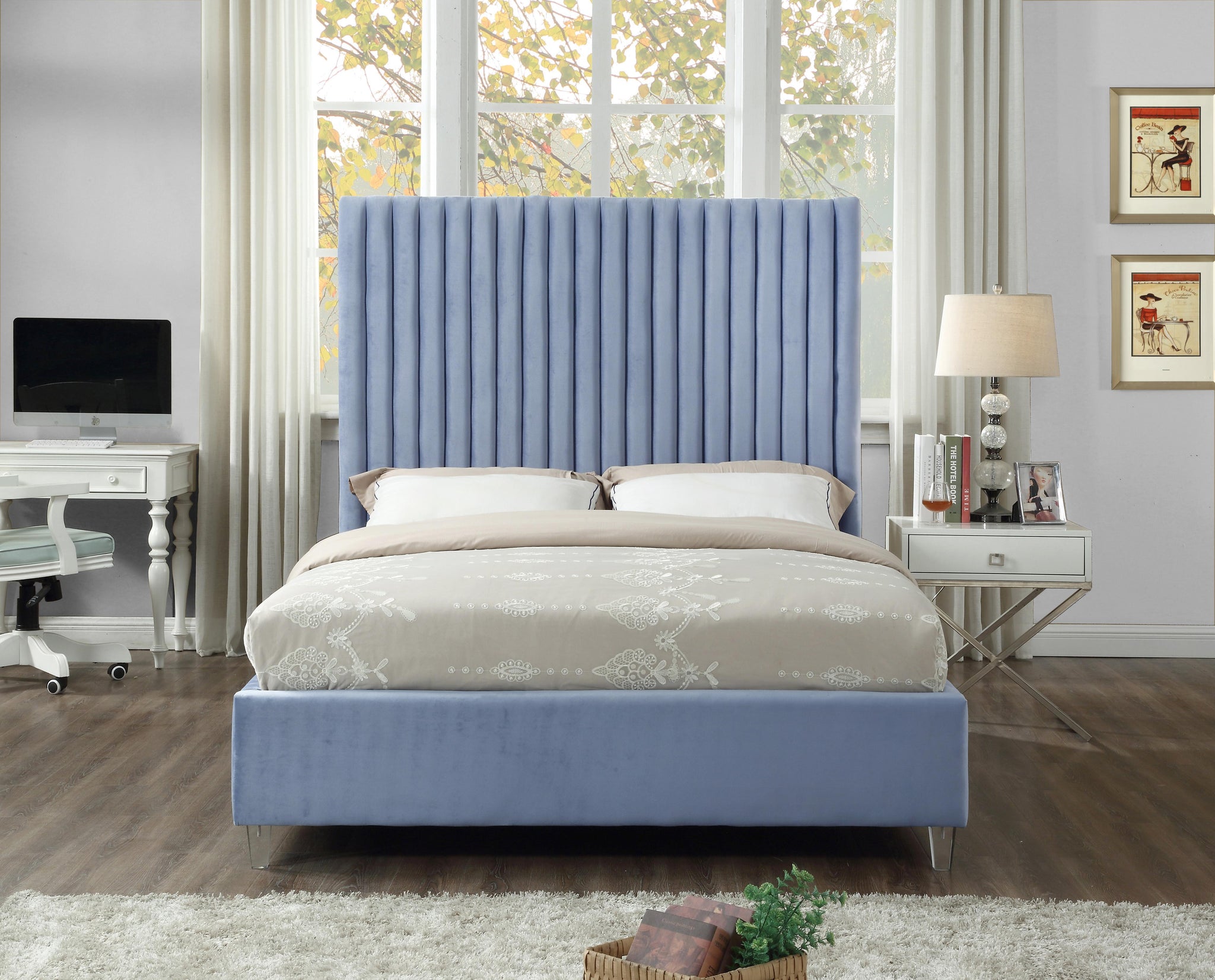 Candace Sky Blue Velvet Queen Bed - Furnish 4 Less 98 (NY)*