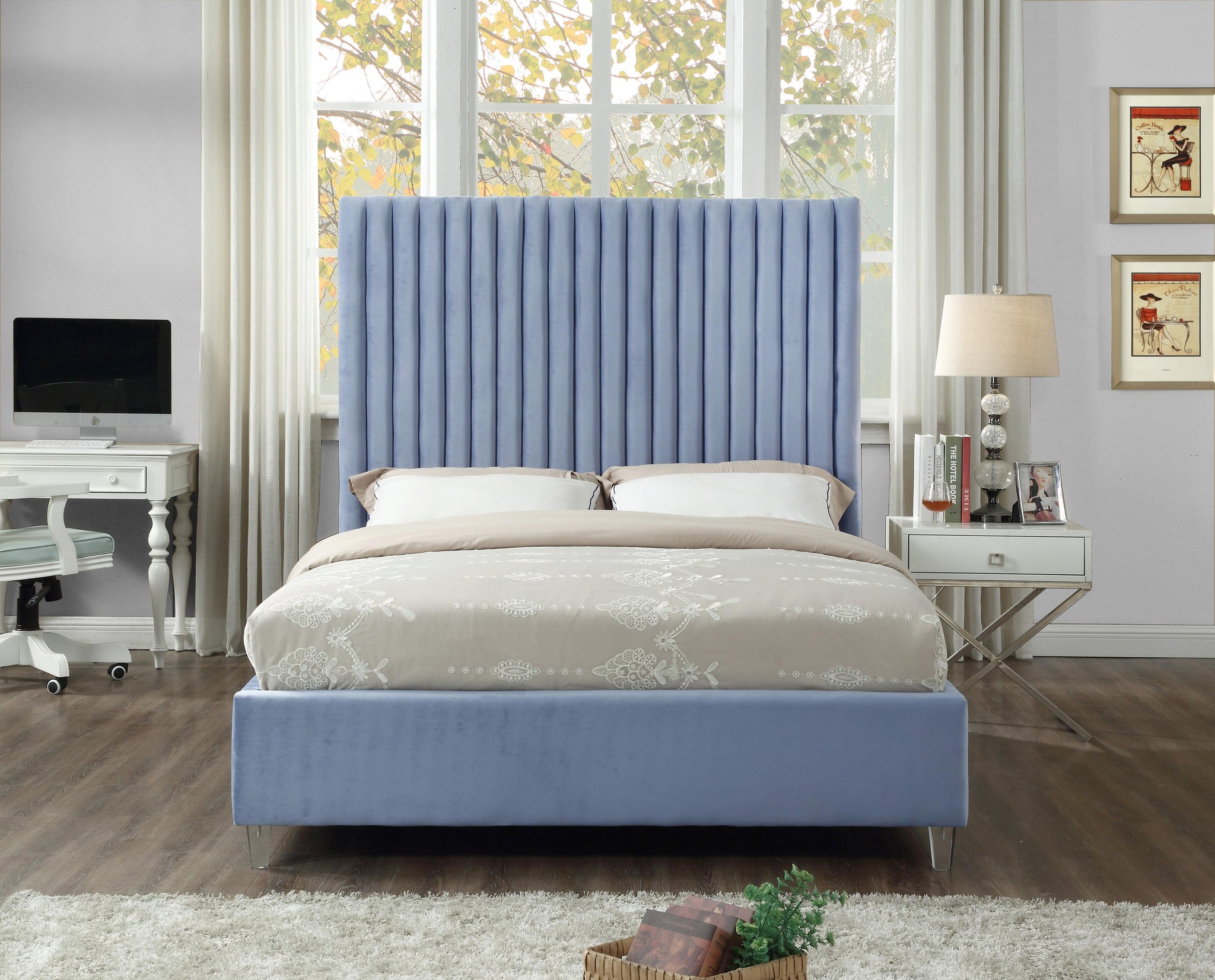 Candace Sky Blue Velvet King Bed - Furnish 4 Less 98 (NY)*