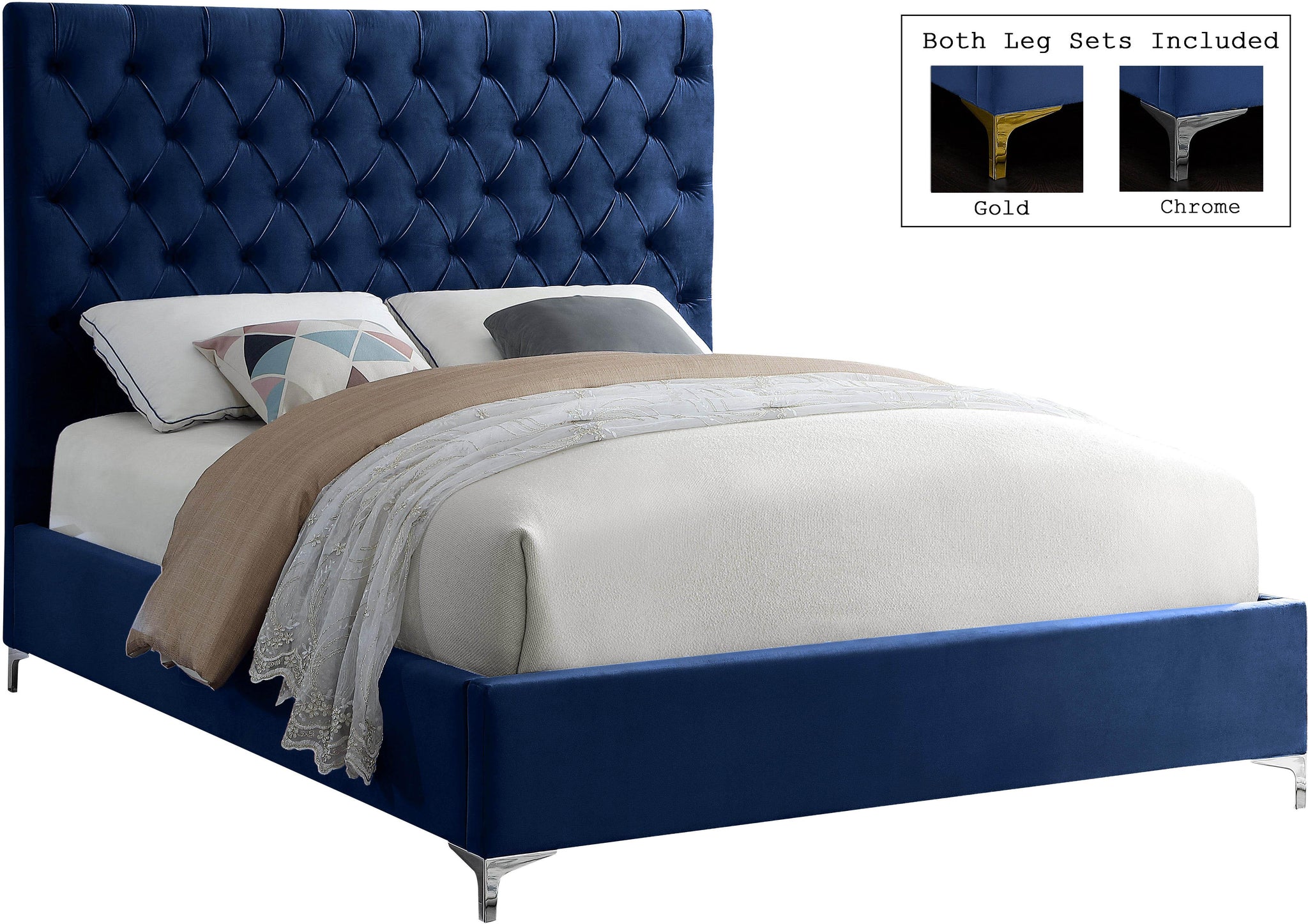 Cruz Navy Velvet Queen Bed - Furnish 4 Less 98 (NY)*