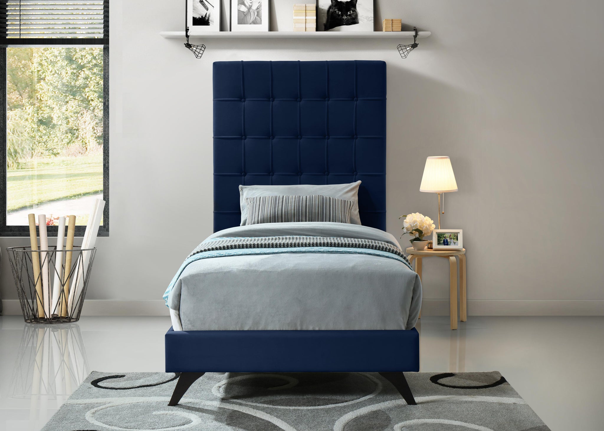 Elly Navy Velvet Twin Bed - Furnish 4 Less 98 (NY)*