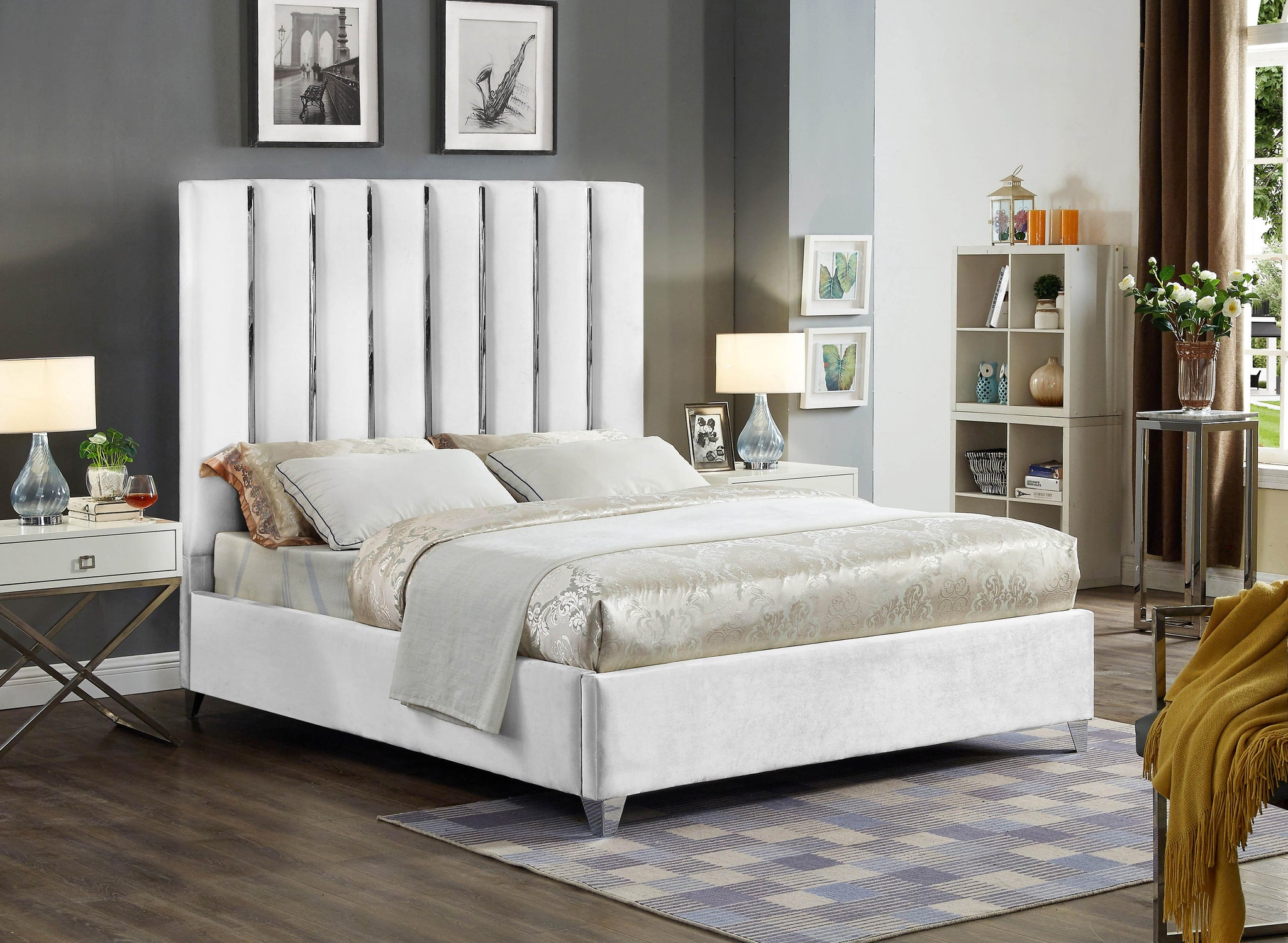 Enzo White Velvet King Bed - Furnish 4 Less 98 (NY)*