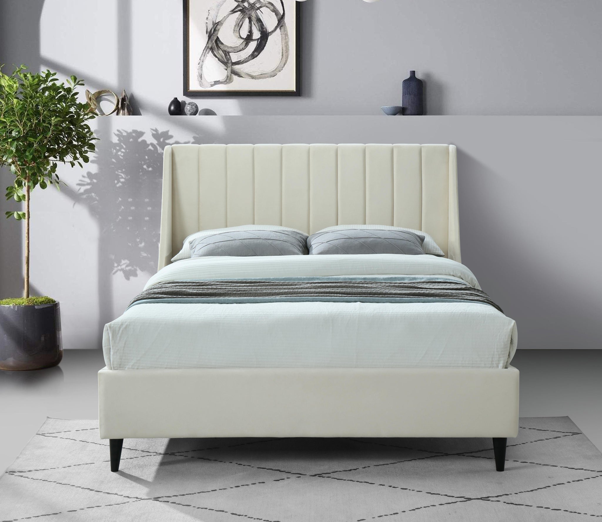 Eva Cream Velvet Queen Bed - Furnish 4 Less 98 (NY)*