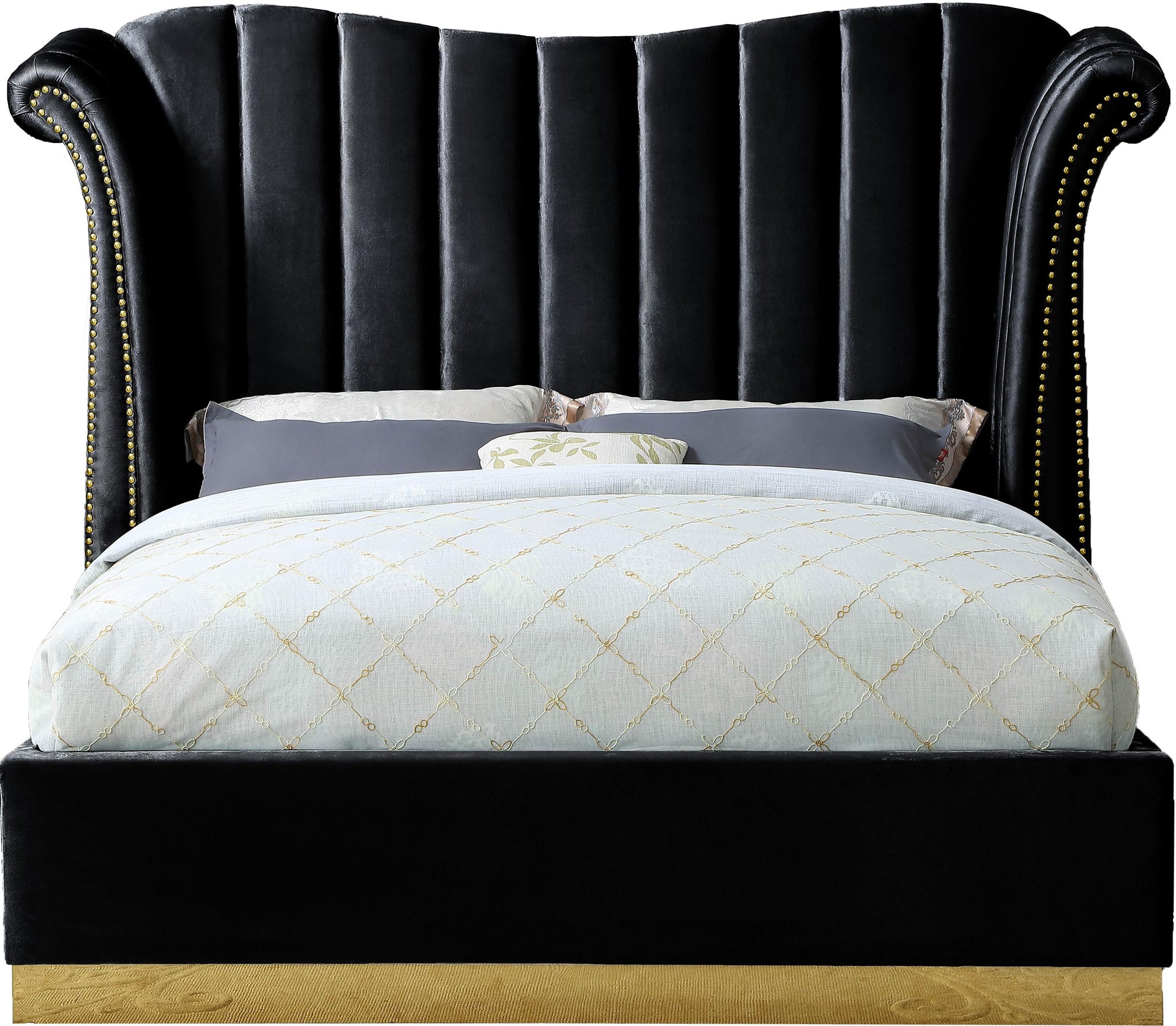 Flora Black Velvet Queen Bed (3 Boxes) - Furnish 4 Less 98 (NY)*