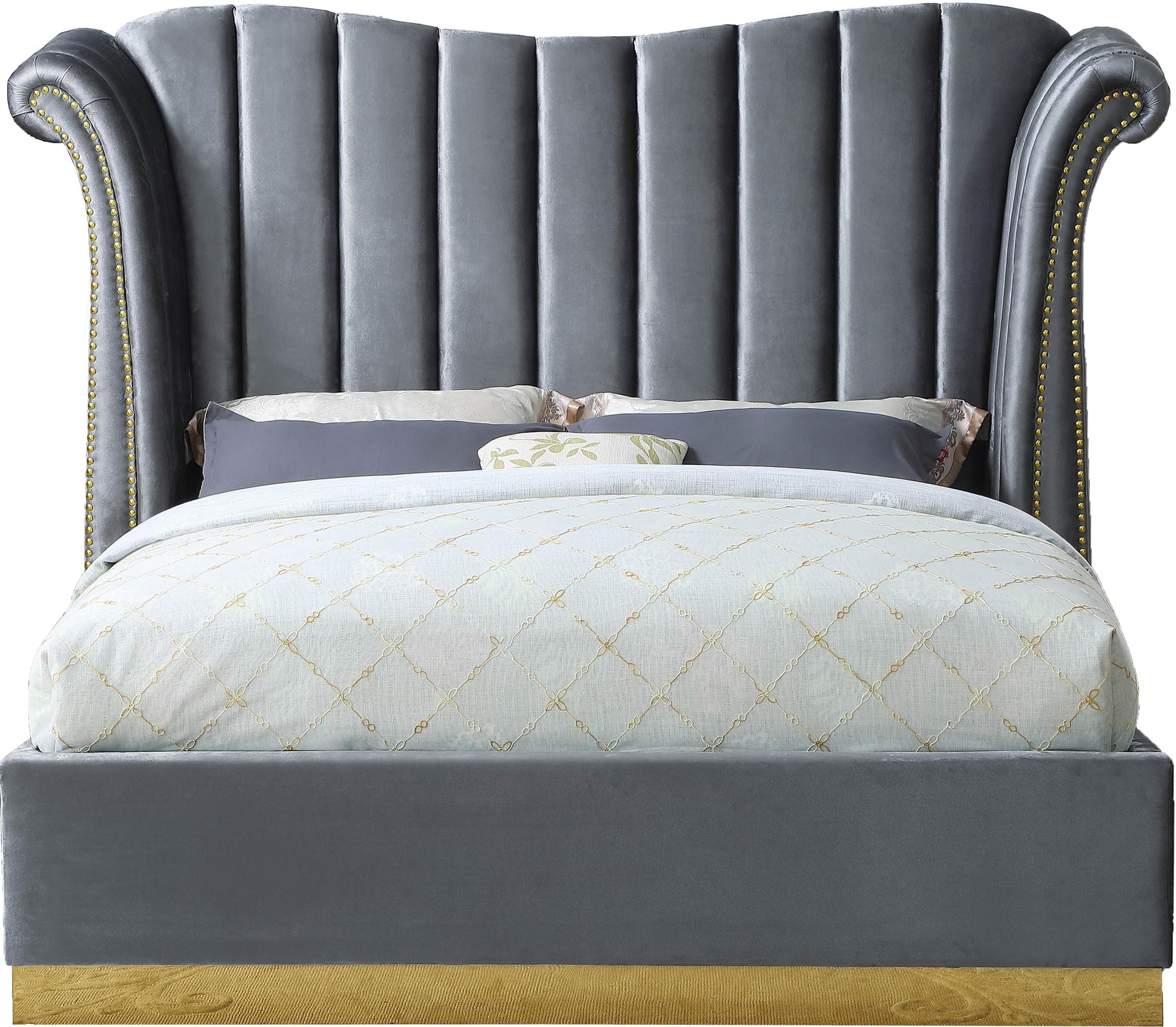 Flora Grey Velvet Queen Bed (3 Boxes) - Furnish 4 Less 98 (NY)*