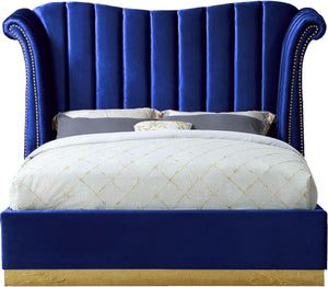 Flora Navy Velvet Queen Bed (3 Boxes) - Furnish 4 Less 98 (NY)*