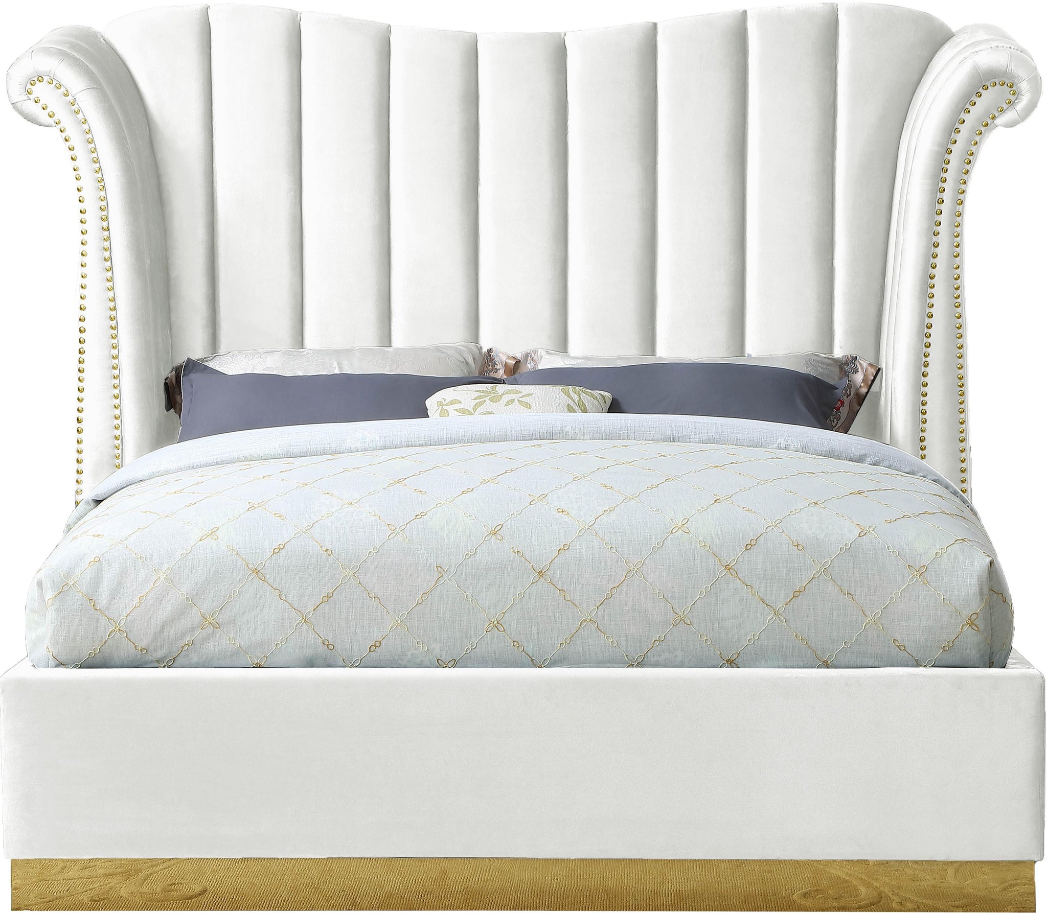 Flora White Velvet King Bed (3 Boxes) - Furnish 4 Less 98 (NY)*