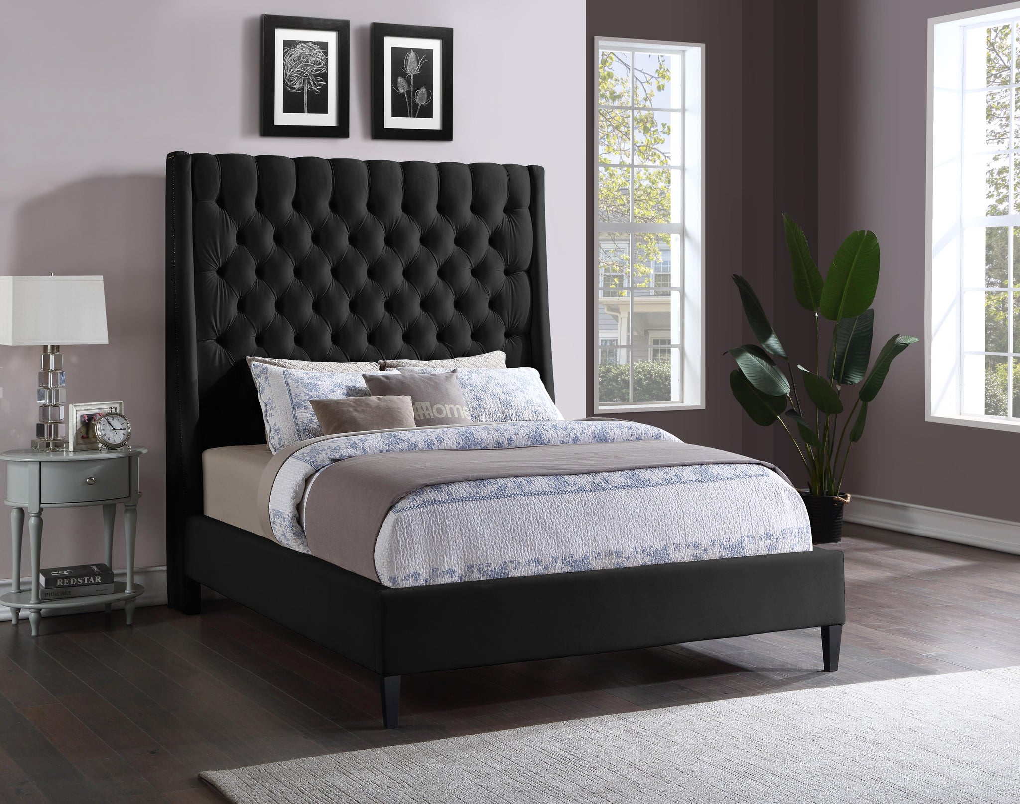 Fritz Black Velvet Queen Bed - Furnish 4 Less 98 (NY)*