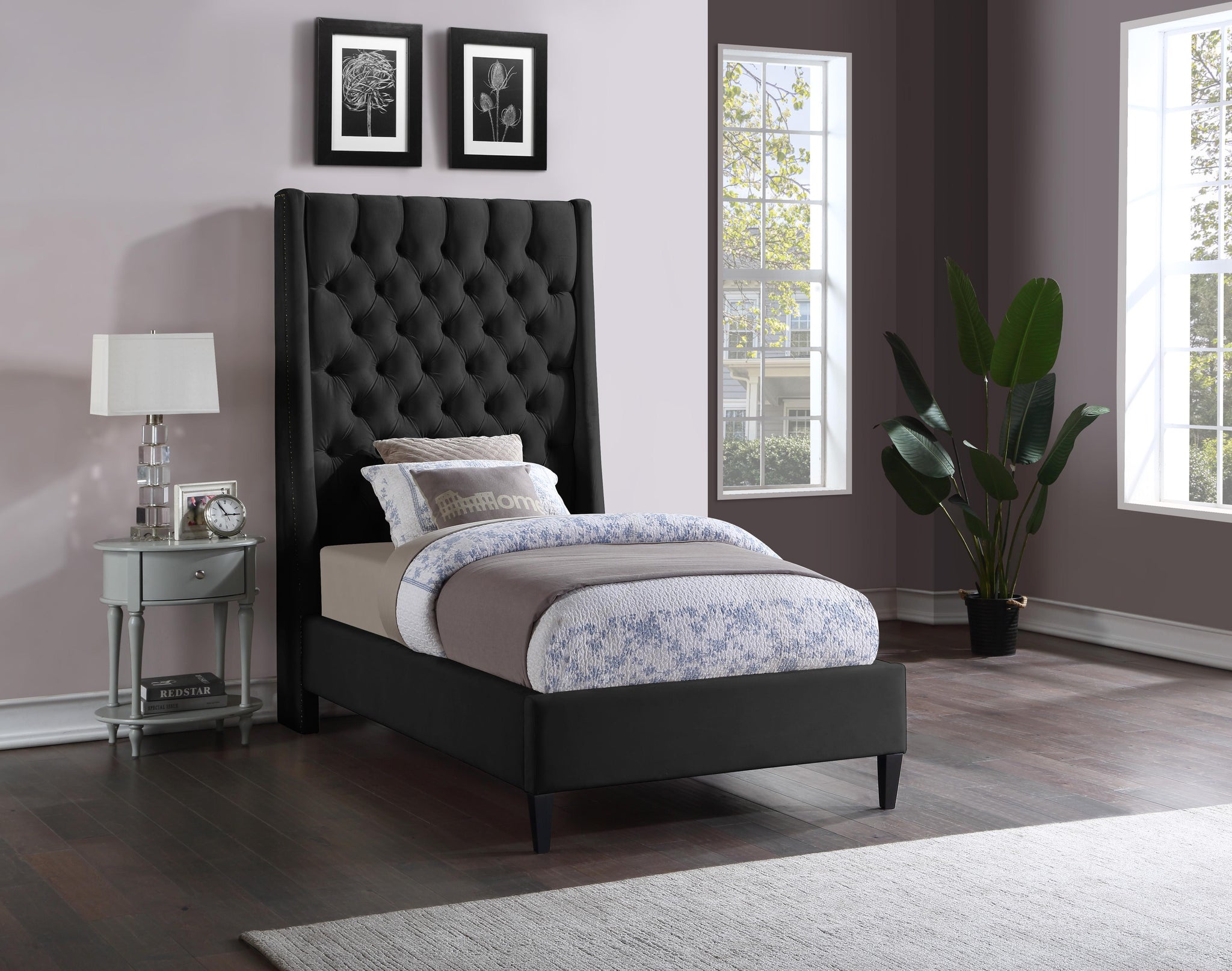 Fritz Black Velvet Twin Bed - Furnish 4 Less 98 (NY)*