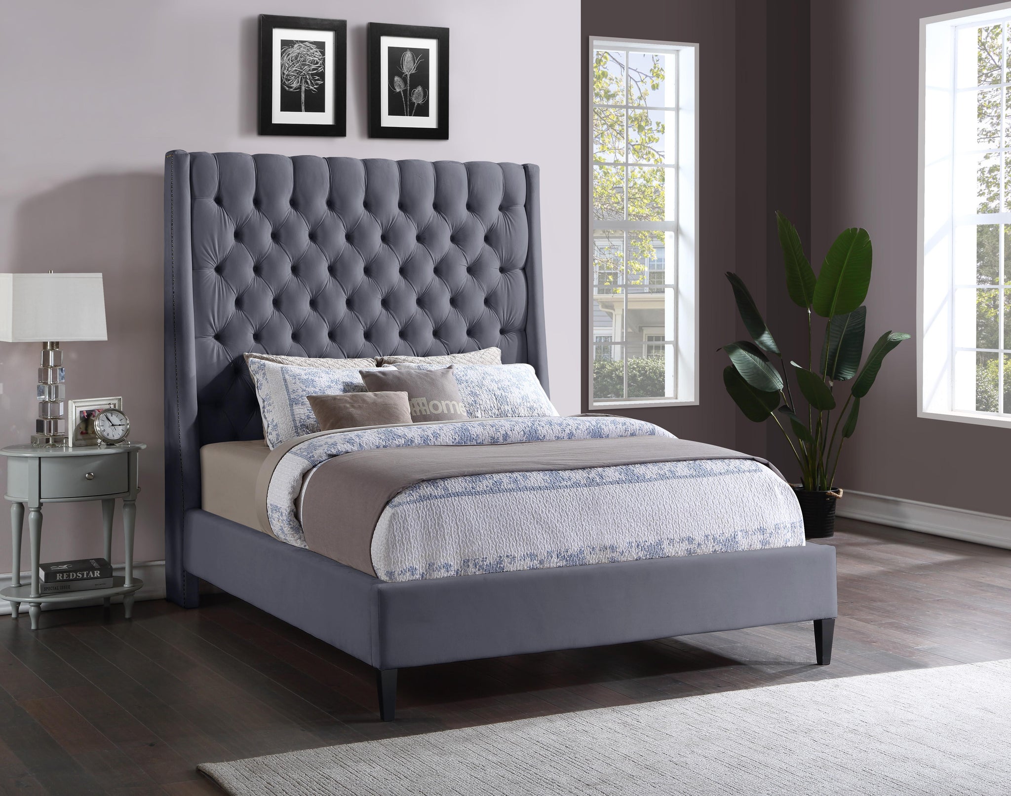 Fritz Grey Velvet Queen Bed - Furnish 4 Less 98 (NY)*