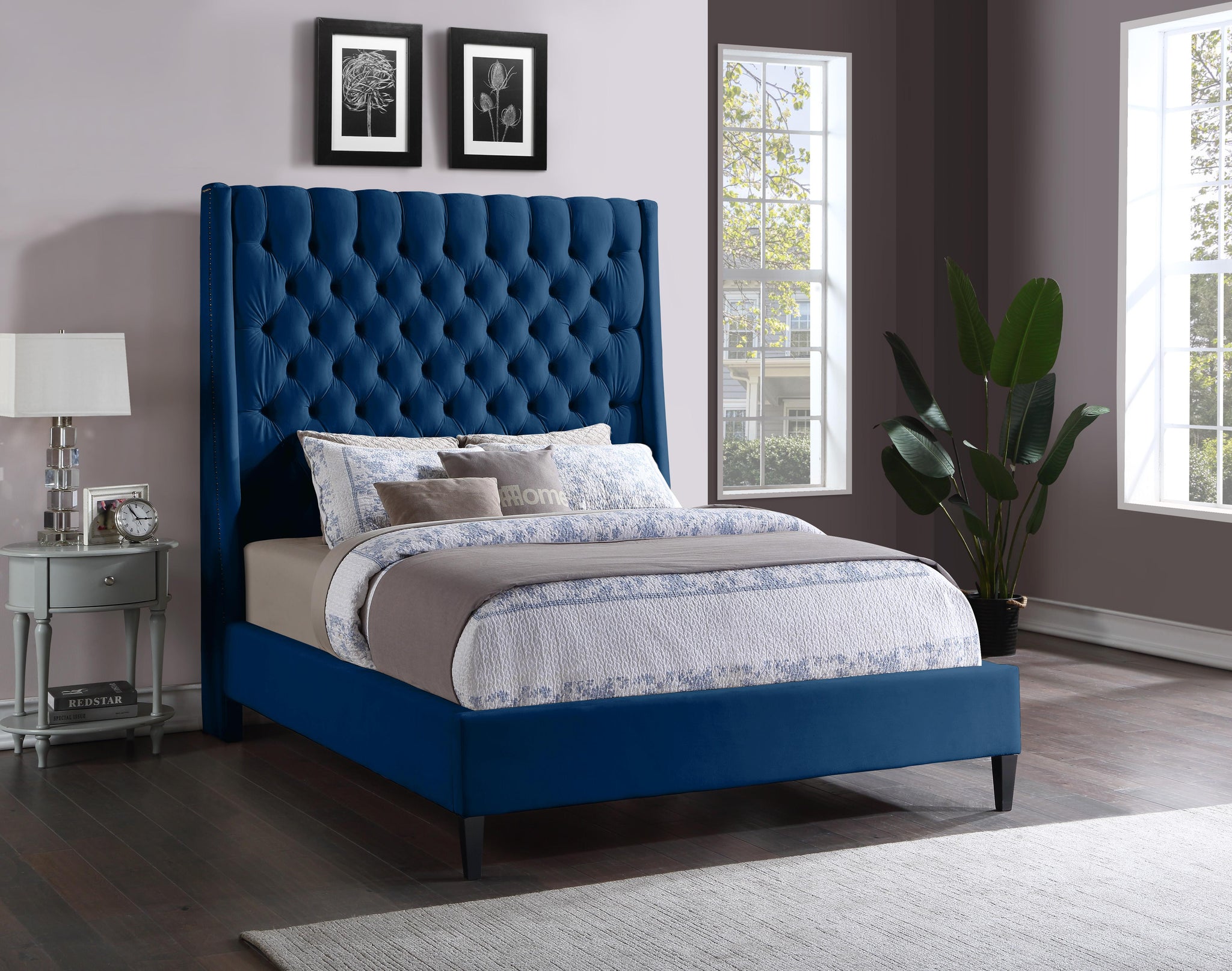 Fritz Navy Velvet Queen Bed - Furnish 4 Less 98 (NY)*