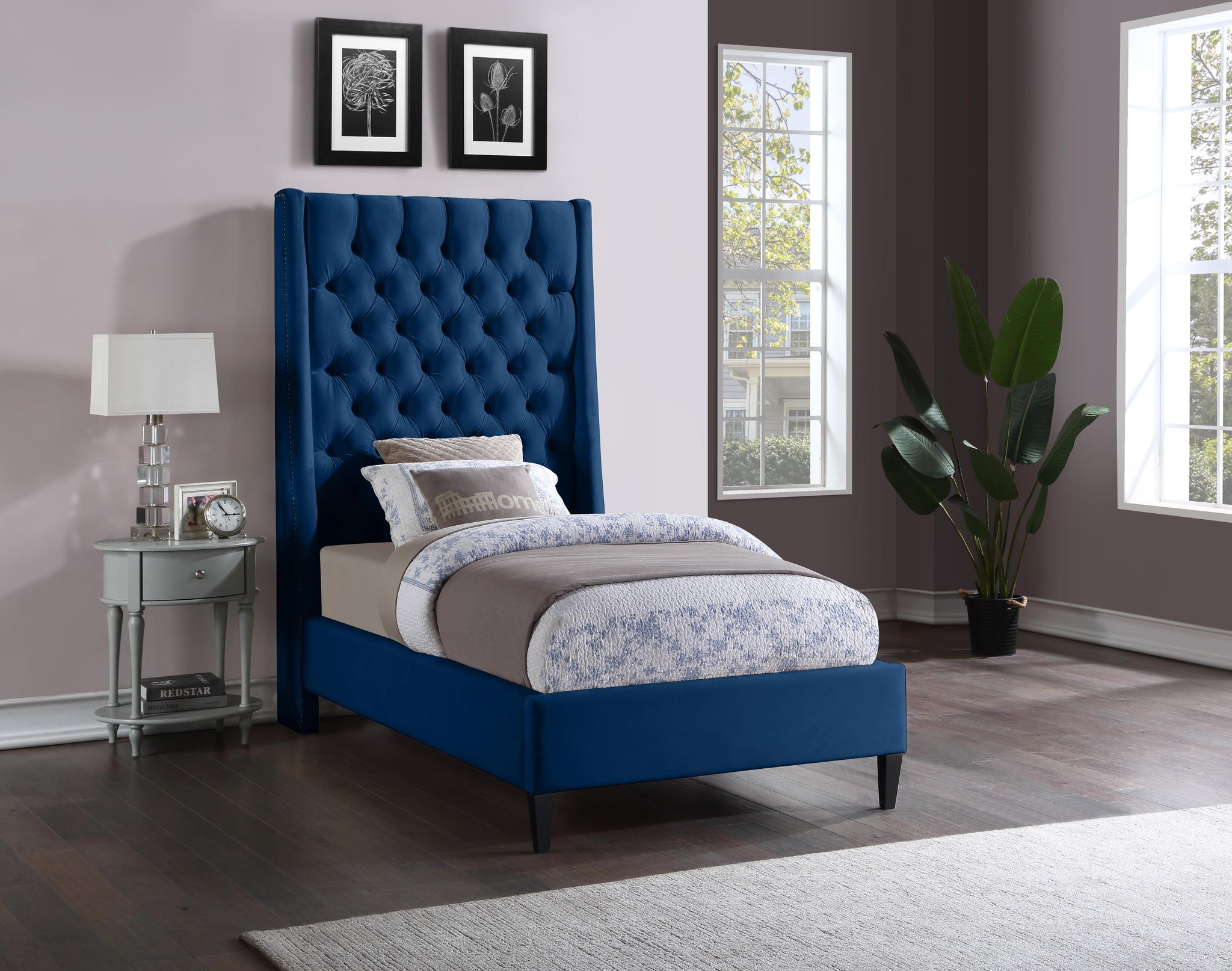 Fritz Navy Velvet Twin Bed - Furnish 4 Less 98 (NY)*