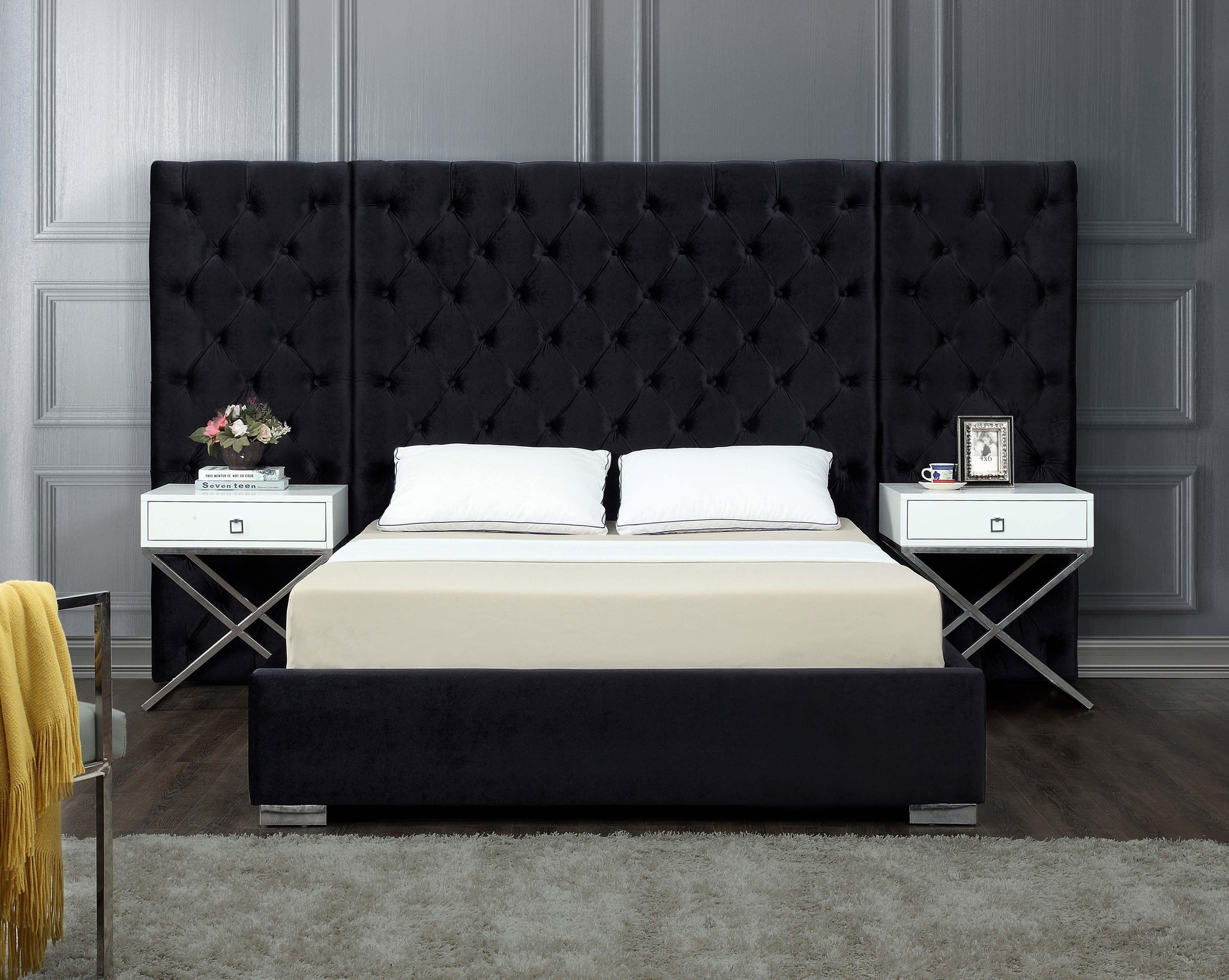 Grande Black Velvet King Bed (3 Boxes) - Furnish 4 Less 98 (NY)*