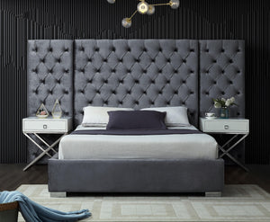 Grande Grey Velvet Queen Bed (3 Boxes) - Furnish 4 Less 98 (NY)*