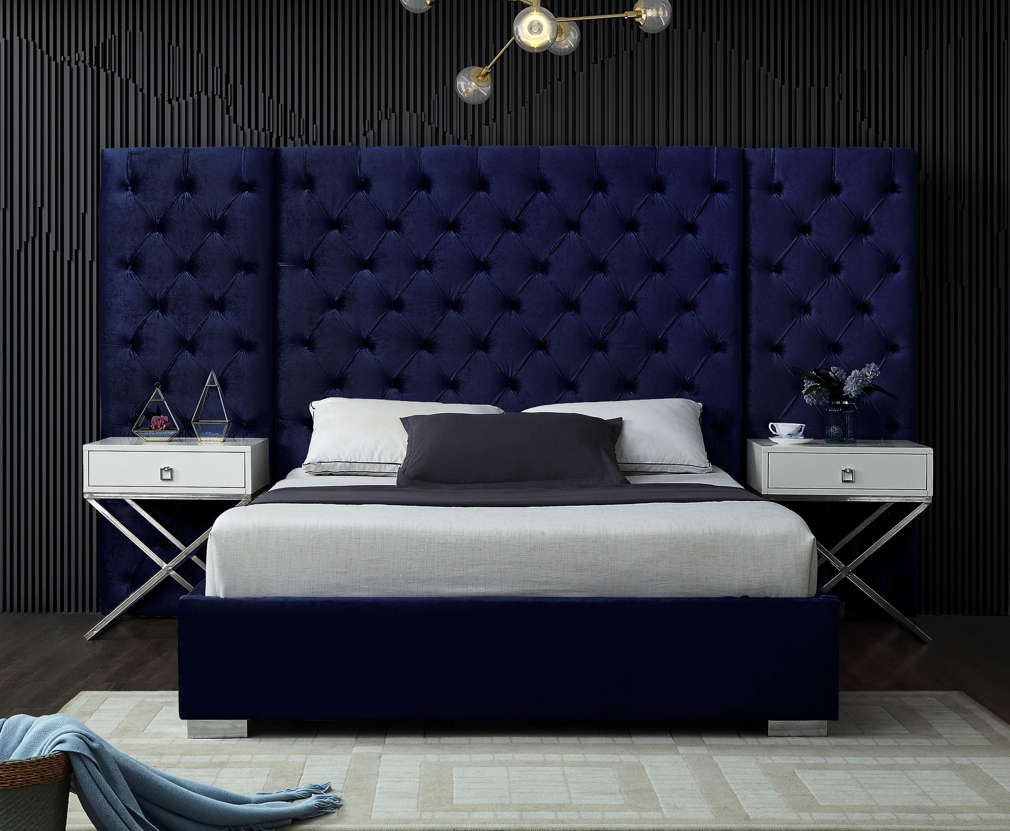 Grande Navy Velvet King Bed (3 Boxes) - Furnish 4 Less 98 (NY)*