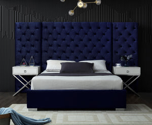 Grande Navy Velvet Queen Bed (3 Boxes) - Furnish 4 Less 98 (NY)*