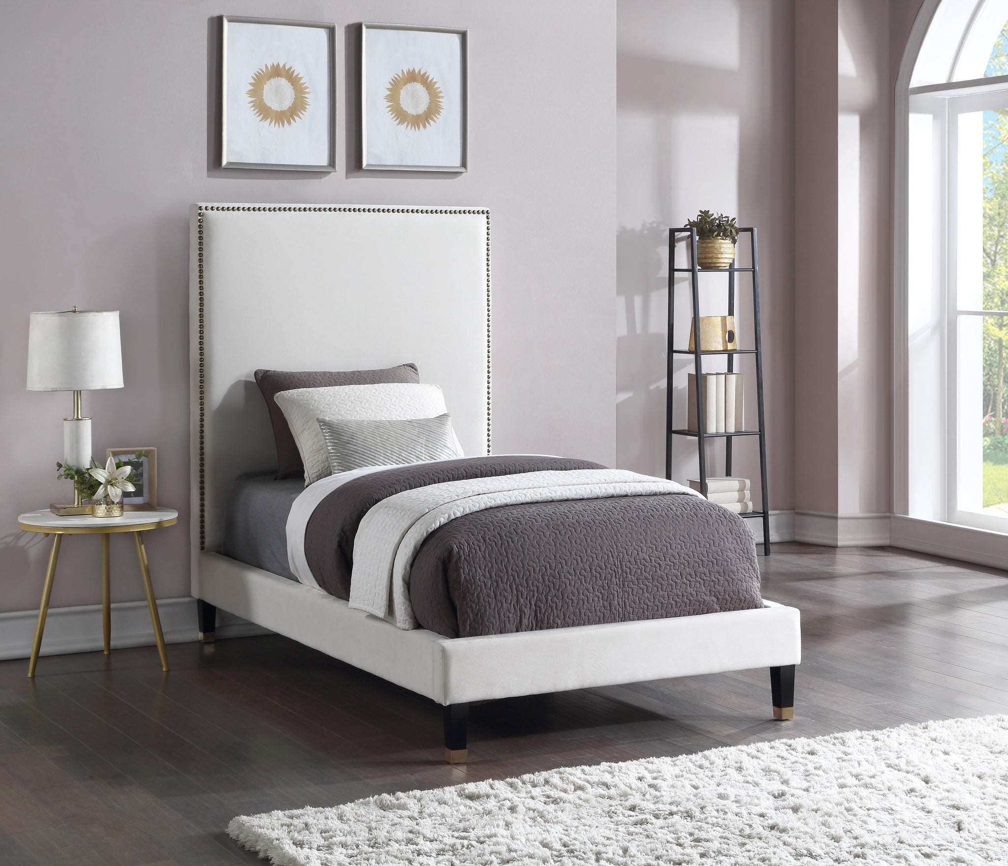 Harlie Cream Velvet Twin Bed - Furnish 4 Less 98 (NY)*