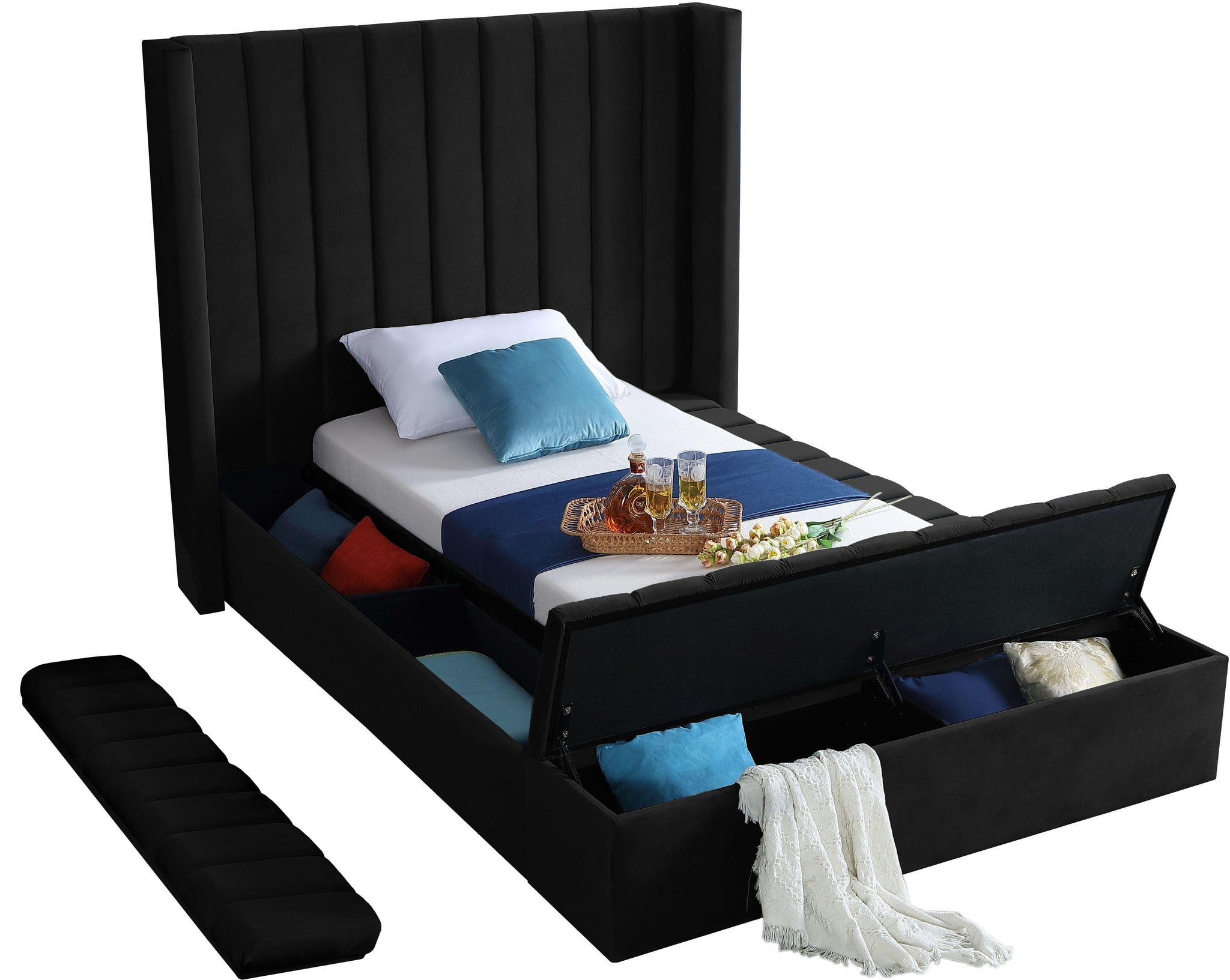 Kiki Black Velvet Twin Bed (3 Boxes) - Furnish 4 Less 98 (NY)*