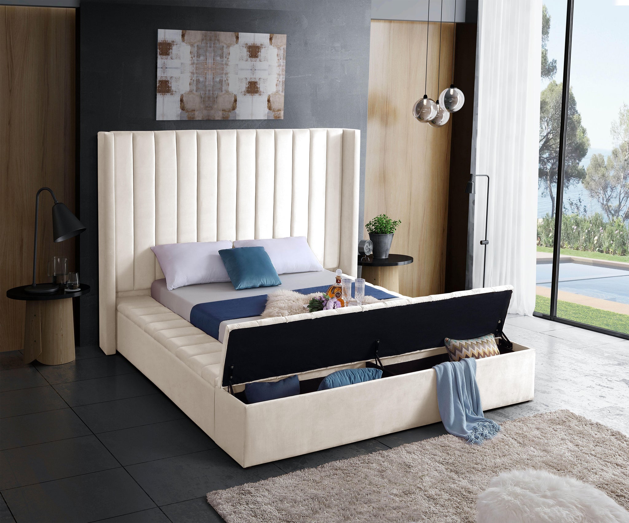 Kiki Cream Velvet King Bed (3 Boxes) - Furnish 4 Less 98 (NY)*