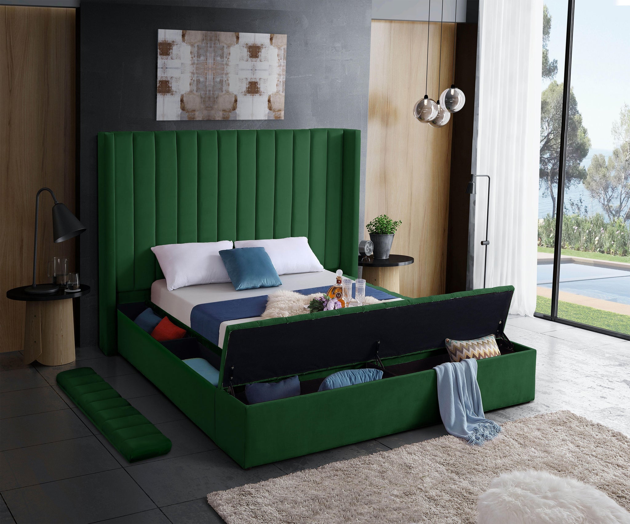 Kiki Green Velvet Queen Bed (3 Boxes) - Furnish 4 Less 98 (NY)*