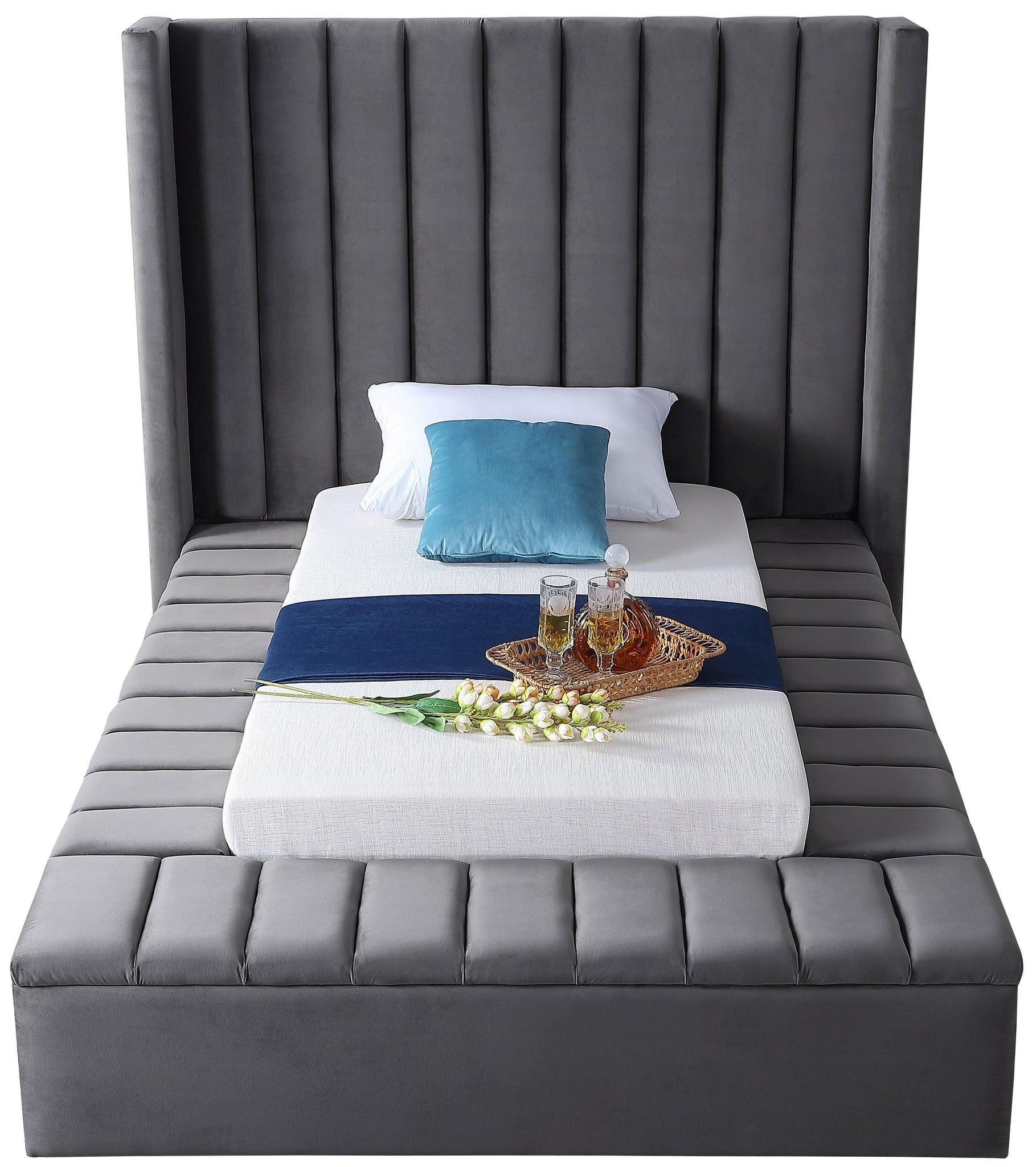 Kiki Grey Velvet Twin Bed (3 Boxes) - Furnish 4 Less 98 (NY)*