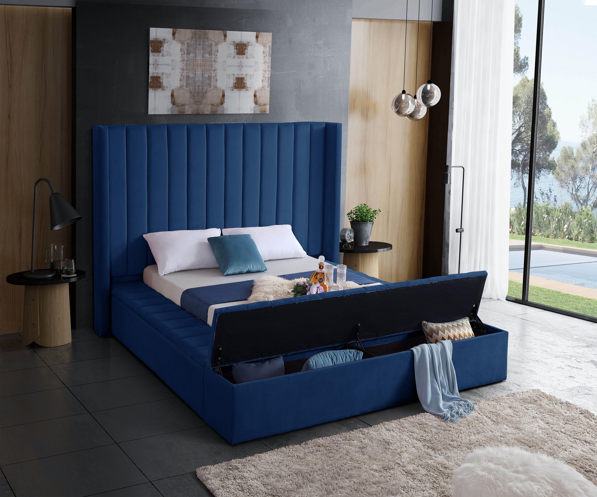 Kiki Navy Velvet Full Bed (3 Boxes) - Furnish 4 Less 98 (NY)*