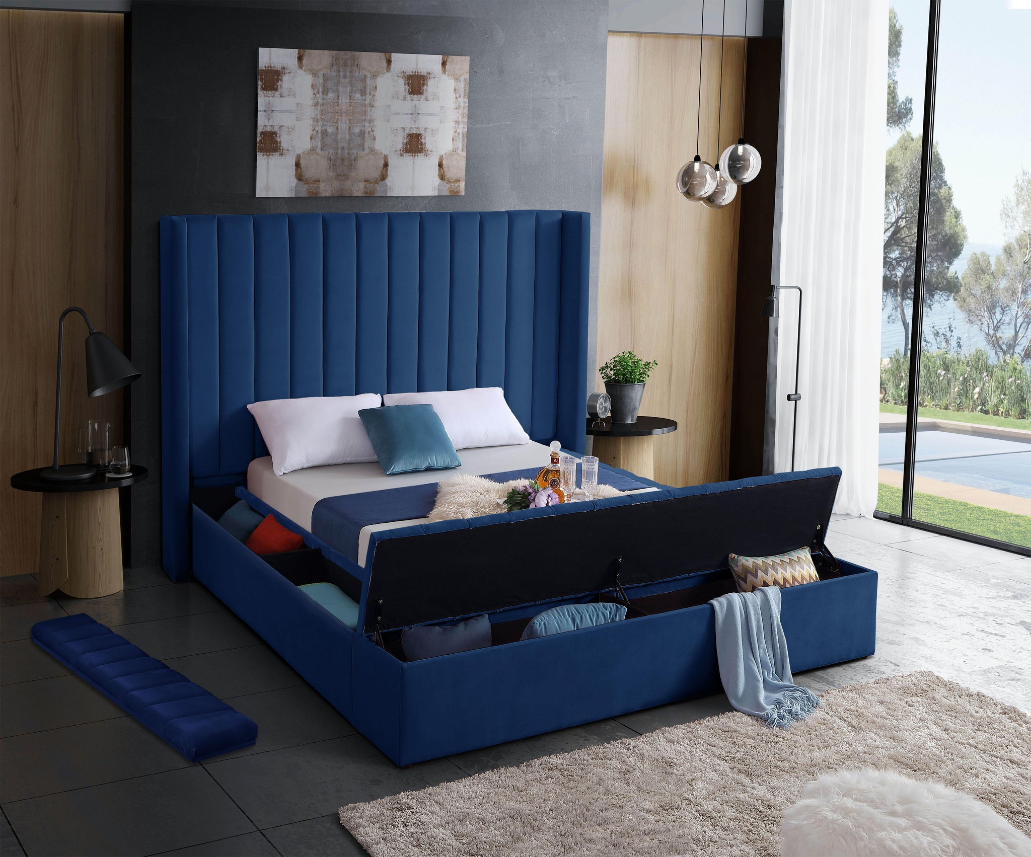 Kiki Navy Velvet King Bed (3 Boxes) - Furnish 4 Less 98 (NY)*