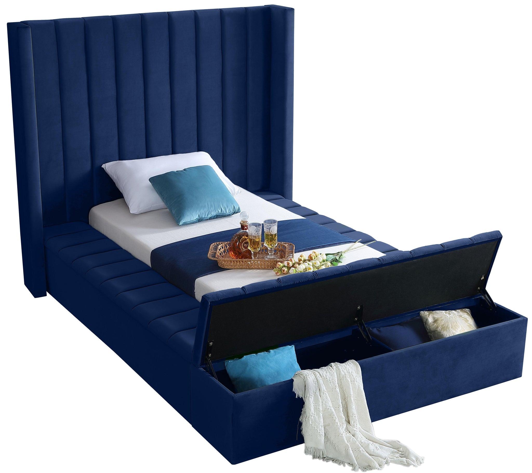 Kiki Navy Velvet Twin Bed (3 Boxes) - Furnish 4 Less 98 (NY)*