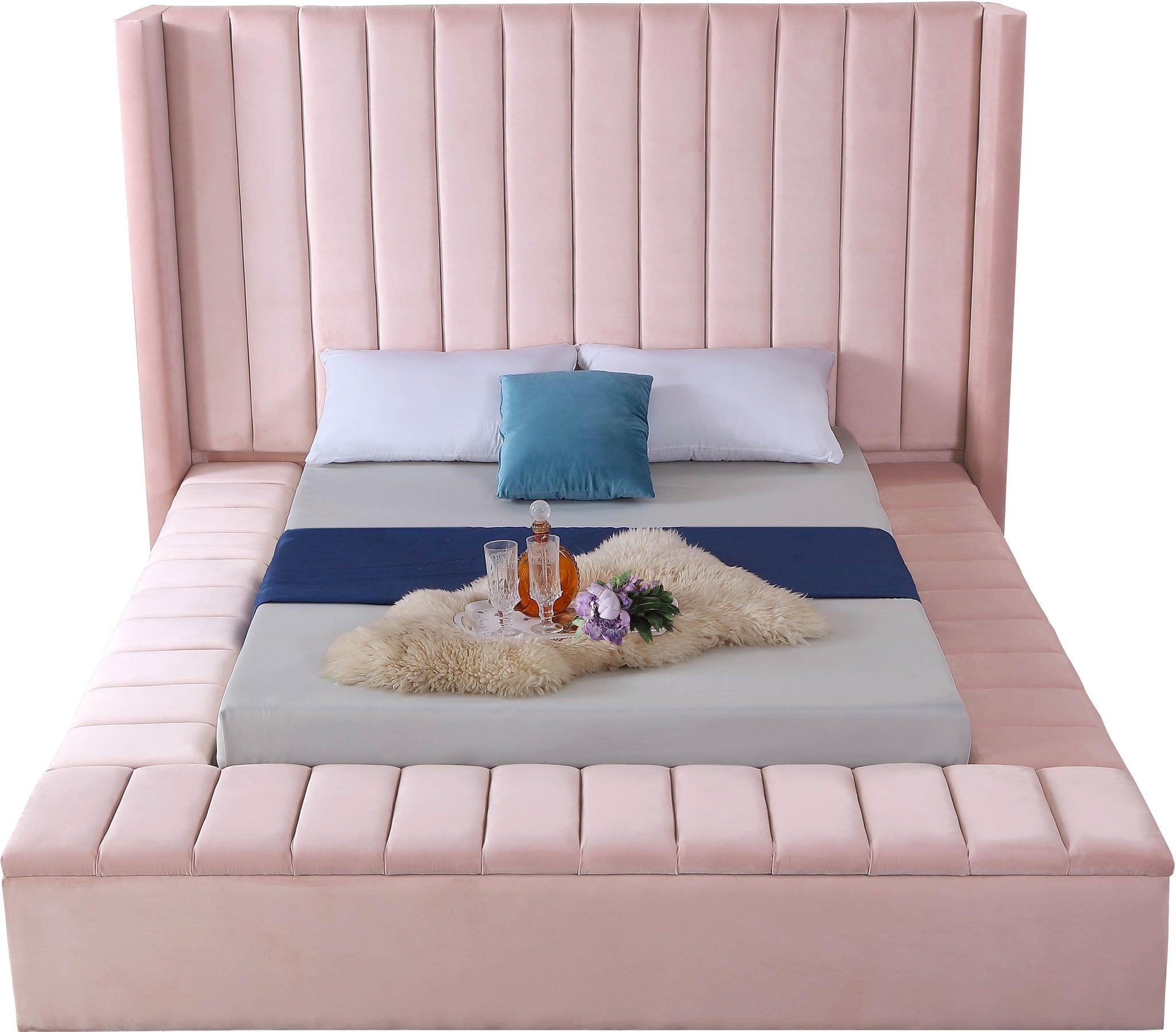 Kiki Pink Velvet King Bed (3 Boxes) - Furnish 4 Less 98 (NY)*