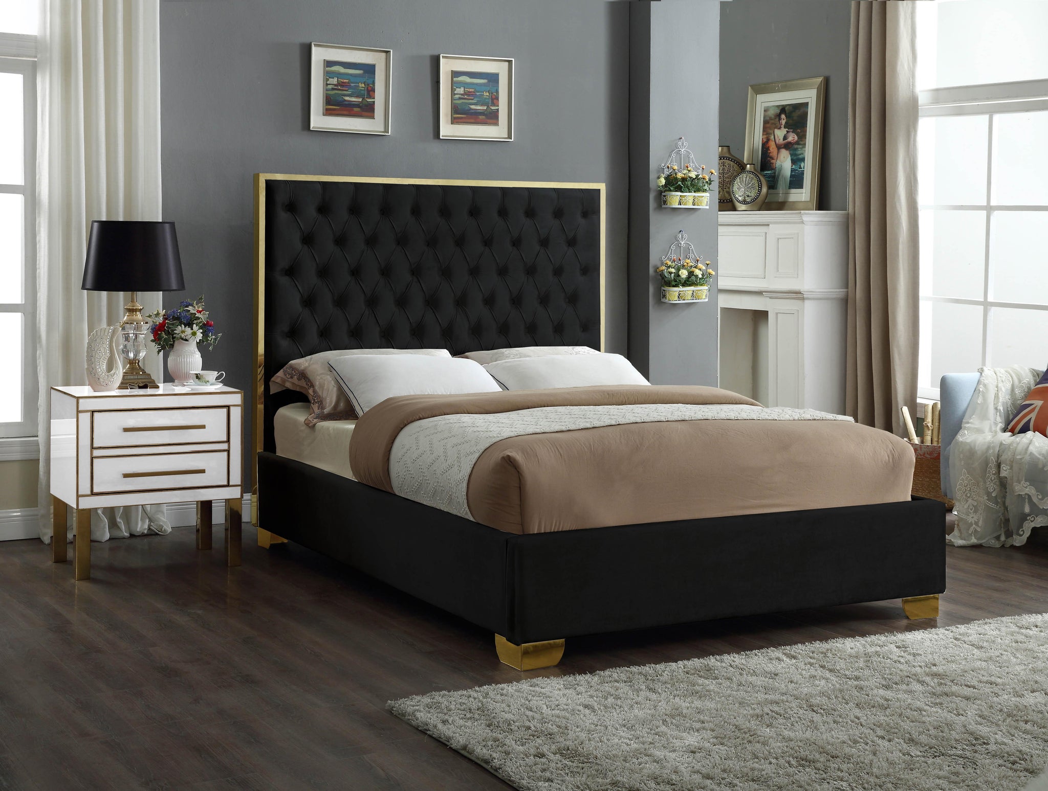 Lana Black Velvet Full Bed - Furnish 4 Less 98 (NY)*