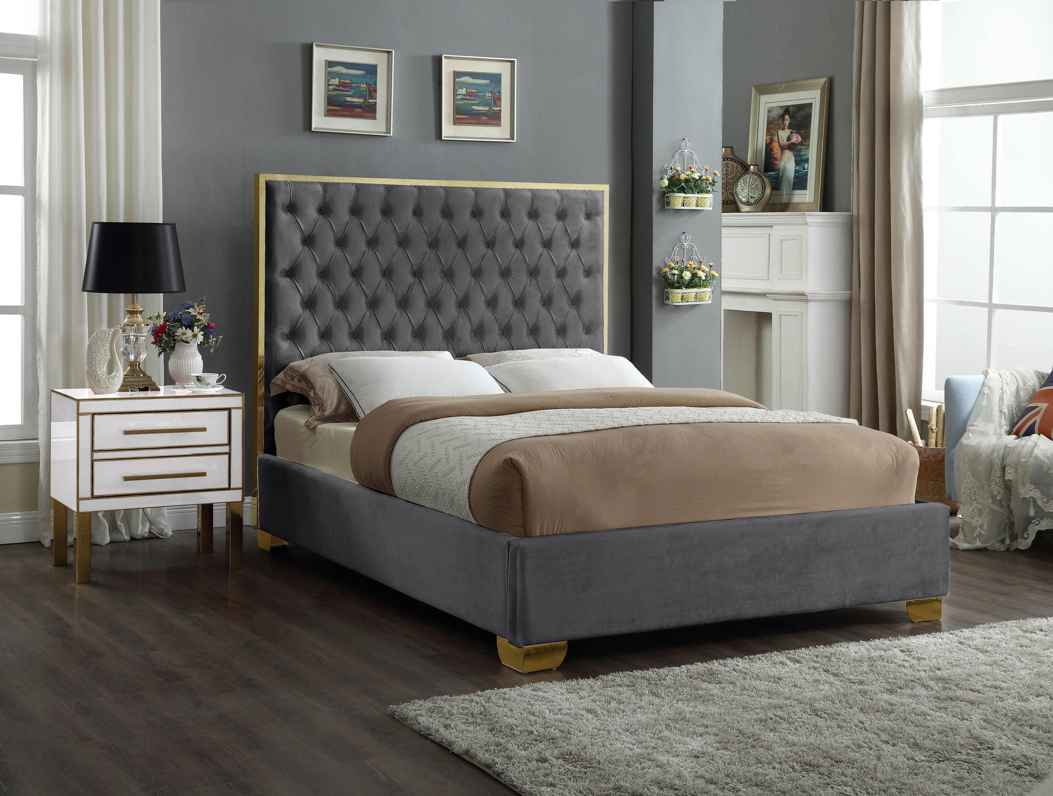 Lana Grey Velvet Full Bed - Furnish 4 Less 98 (NY)*