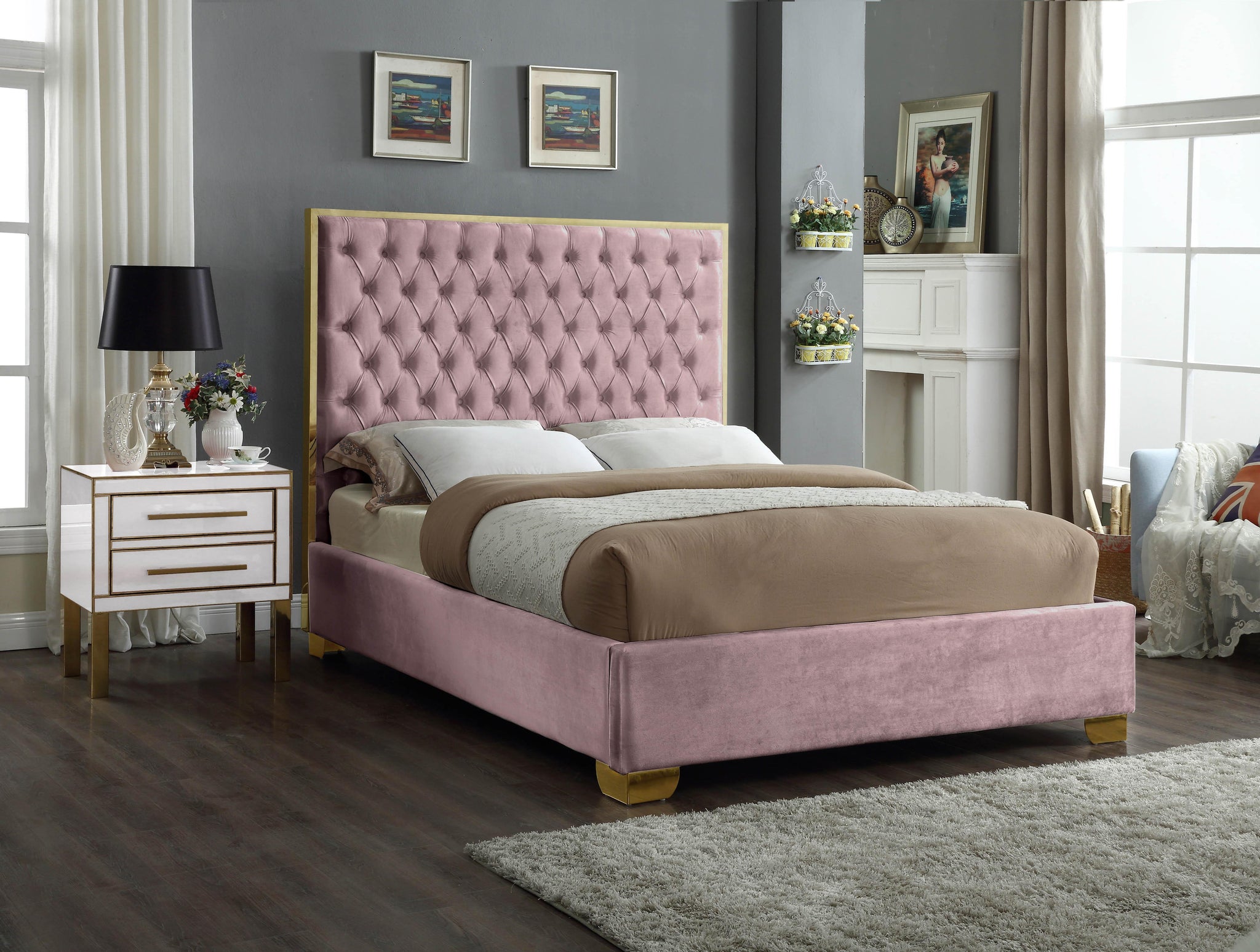 Lana Pink Velvet Full Bed - Furnish 4 Less 98 (NY)*