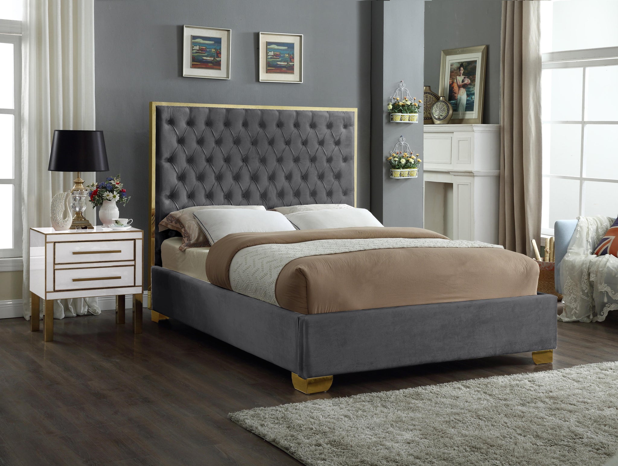 Lana Grey Velvet King Bed - Furnish 4 Less 98 (NY)*