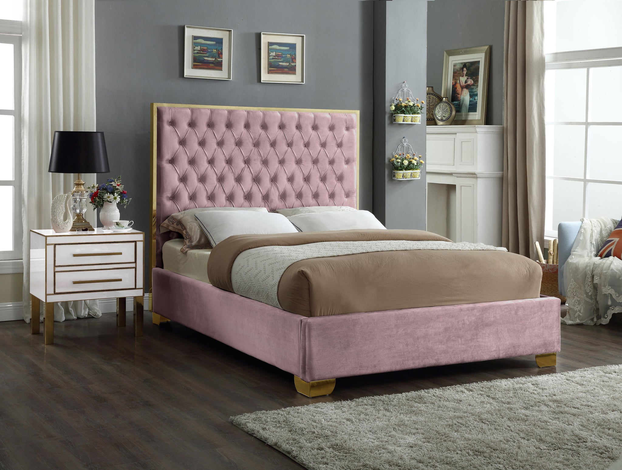 Lana Pink Velvet Queen Bed - Furnish 4 Less 98 (NY)*